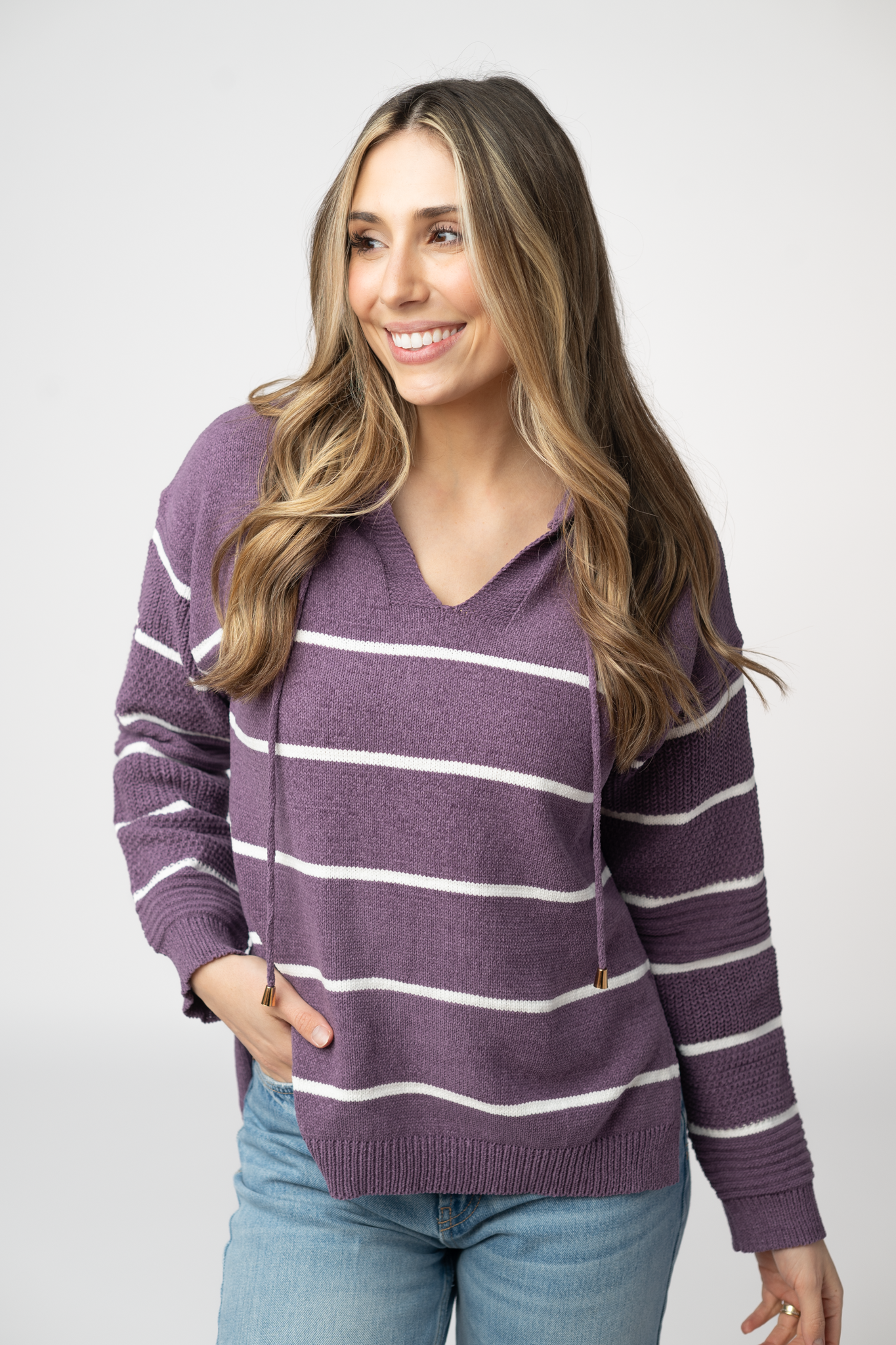 IN STOCK Maddie Striped Hoodie - Purple-sweater-Dear Me Southern Boutique, located in DeRidder, Louisiana