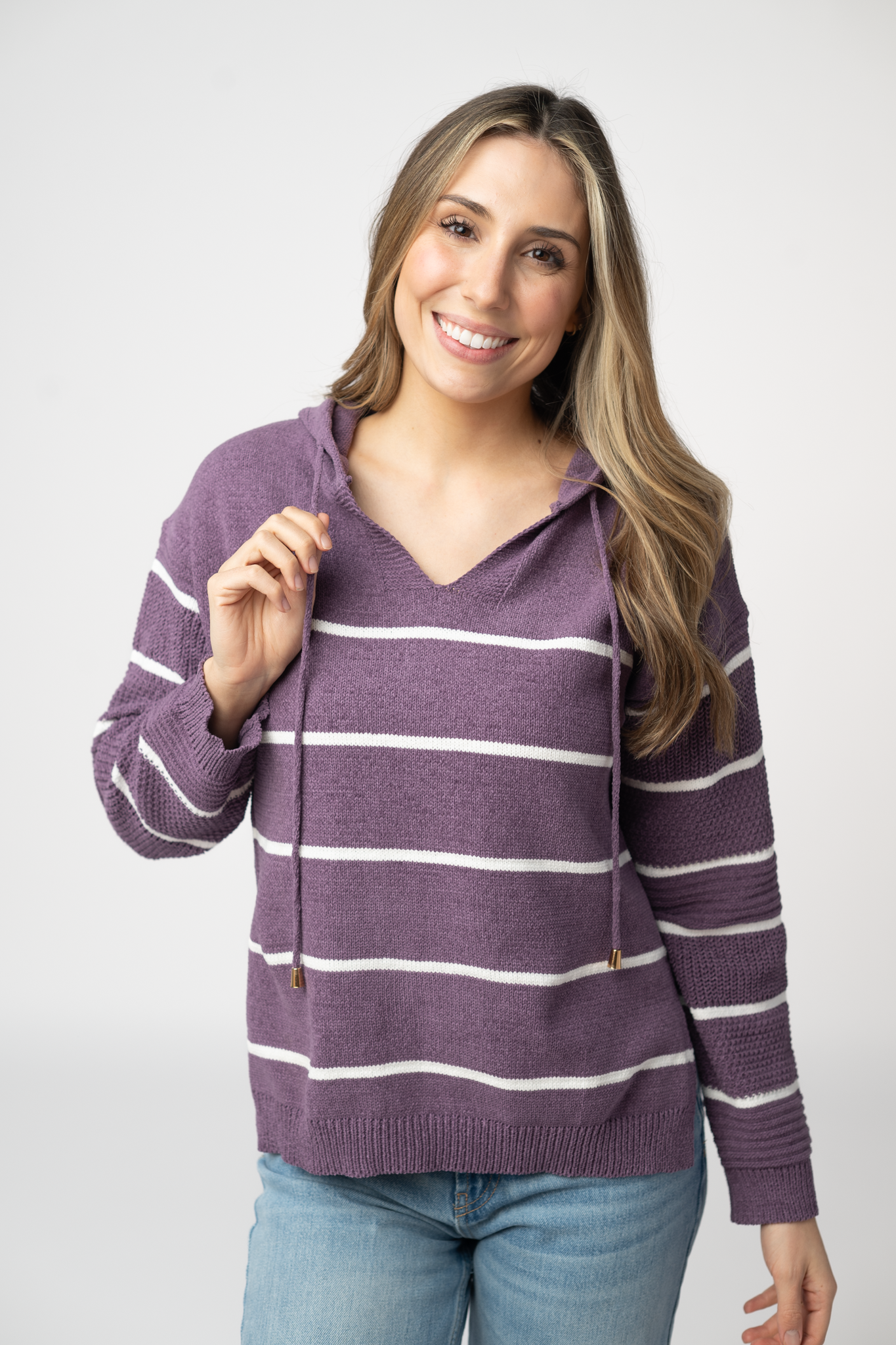 IN STOCK Maddie Striped Hoodie - Purple-sweater-Dear Me Southern Boutique, located in DeRidder, Louisiana