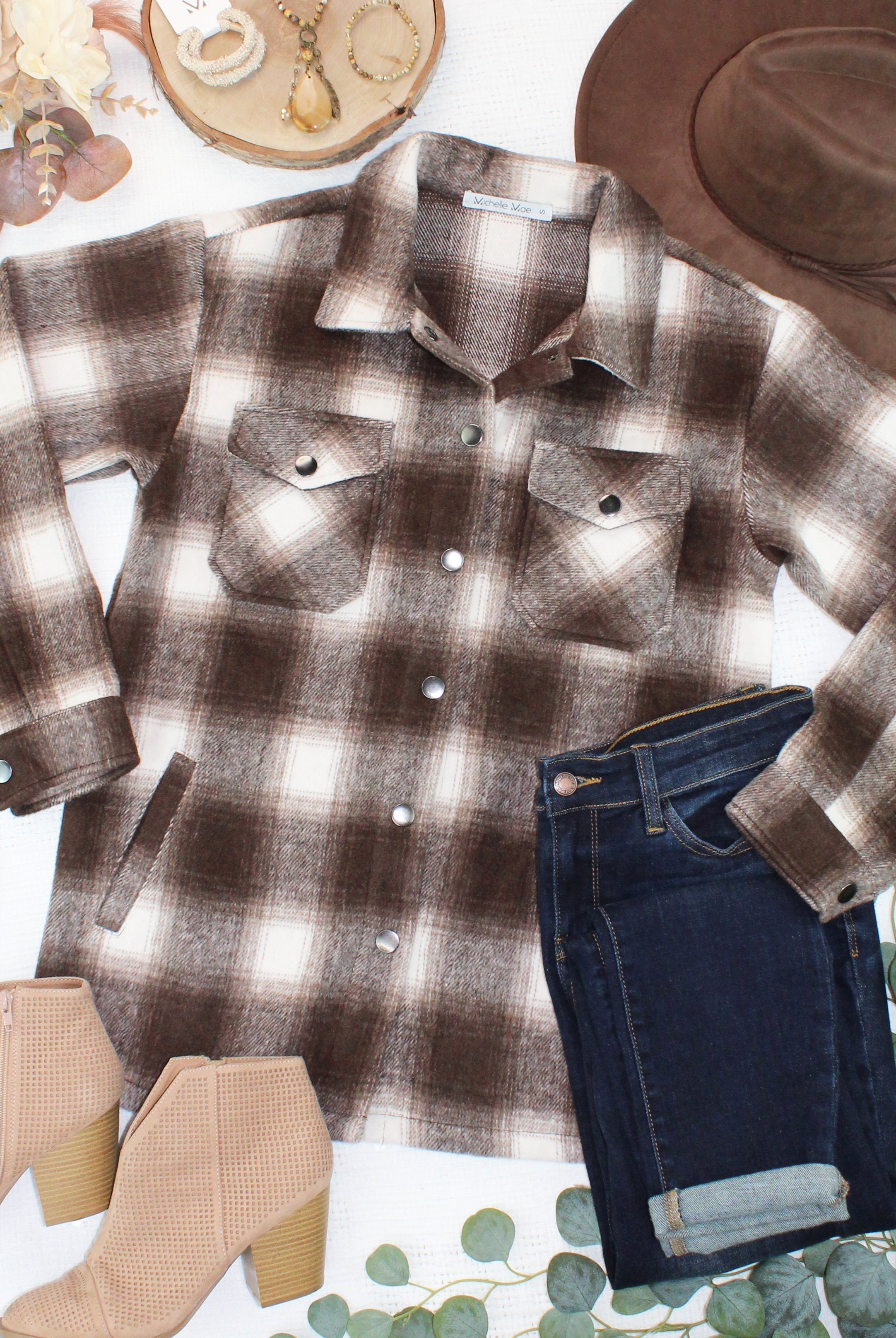 IN STOCK Norah Shacket - Brown Plaid-shacket-Dear Me Southern Boutique, located in DeRidder, Louisiana