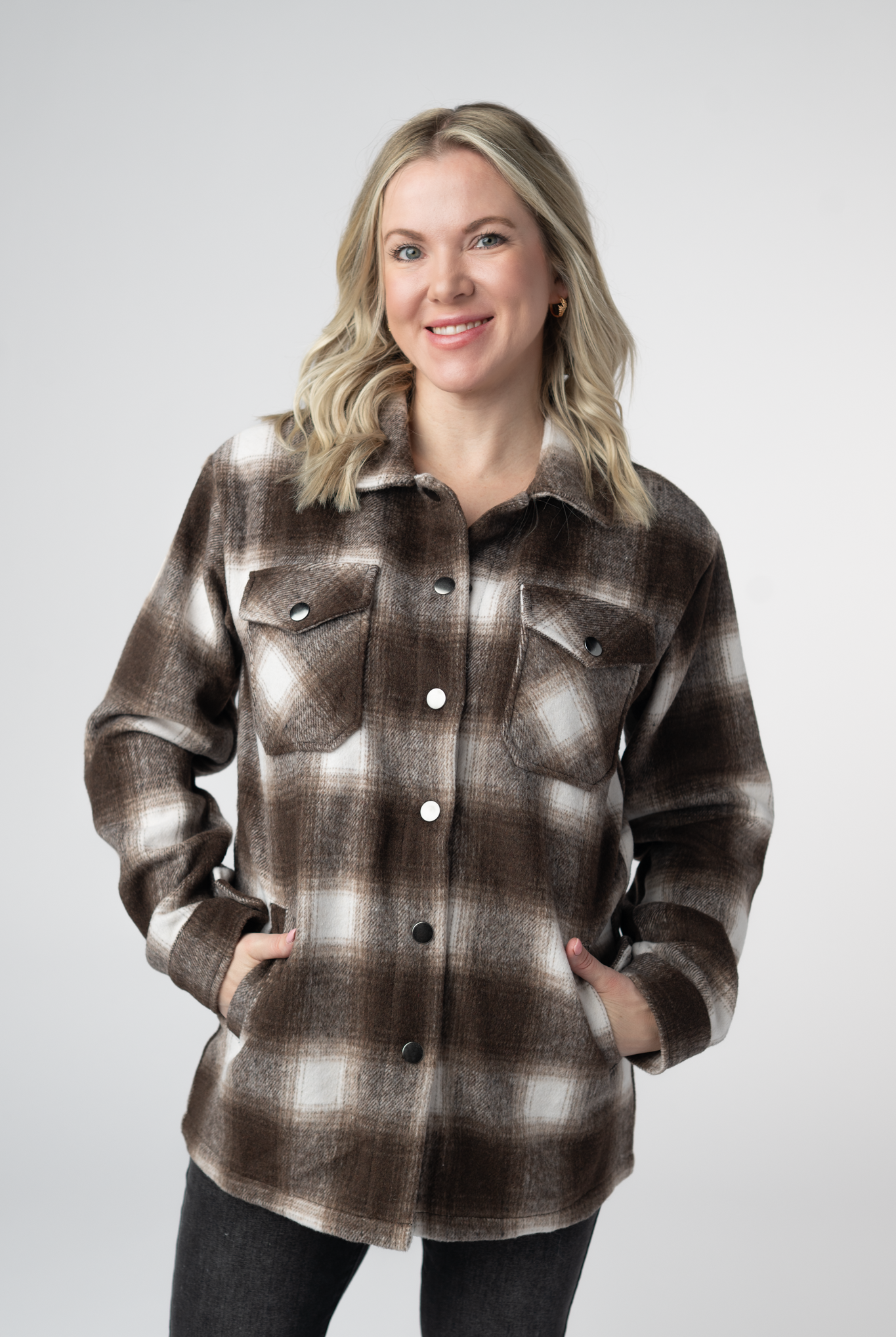 IN STOCK Norah Shacket - Brown Plaid-shacket-Dear Me Southern Boutique, located in DeRidder, Louisiana