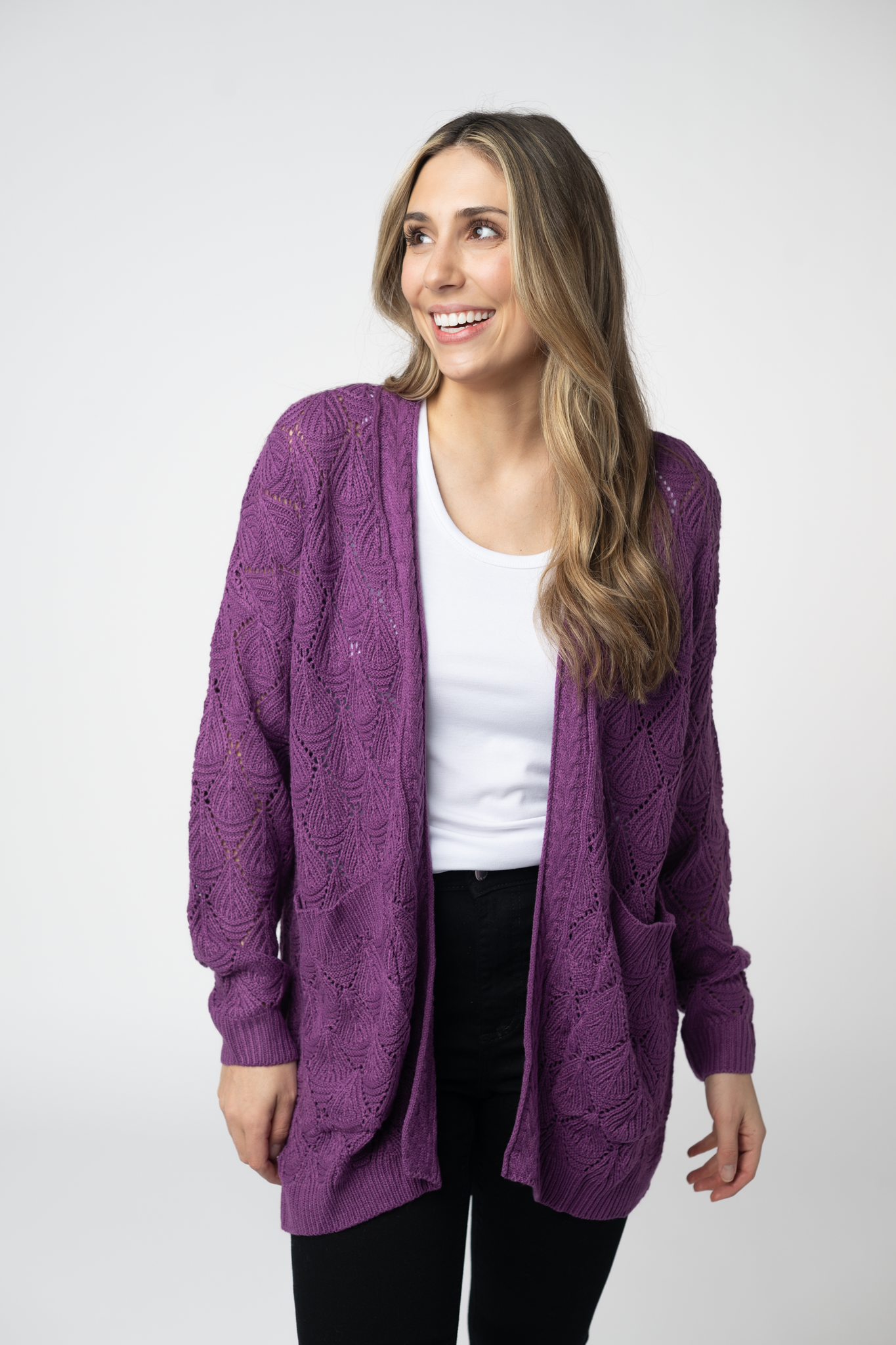IN STOCK Open Knit Cardigan - Purple-Cardigan-Dear Me Southern Boutique, located in DeRidder, Louisiana