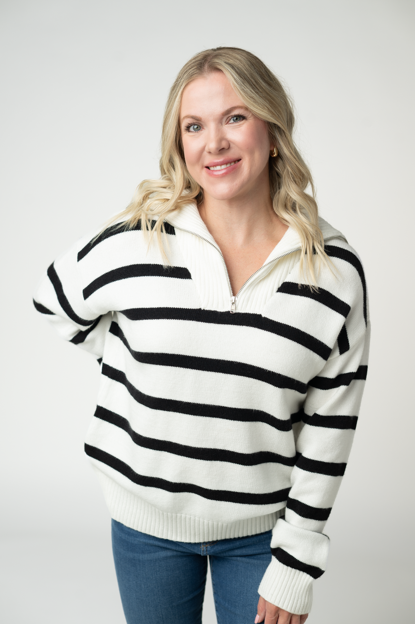 IN STOCK Quarter Zip Striped Pullover - Black and White-pullover-Dear Me Southern Boutique, located in DeRidder, Louisiana