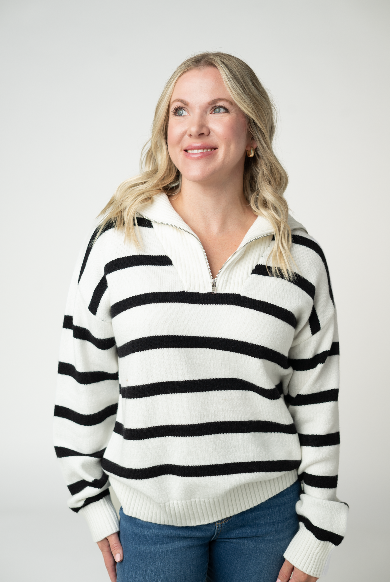 IN STOCK Quarter Zip Striped Pullover - Black and White-pullover-Dear Me Southern Boutique, located in DeRidder, Louisiana