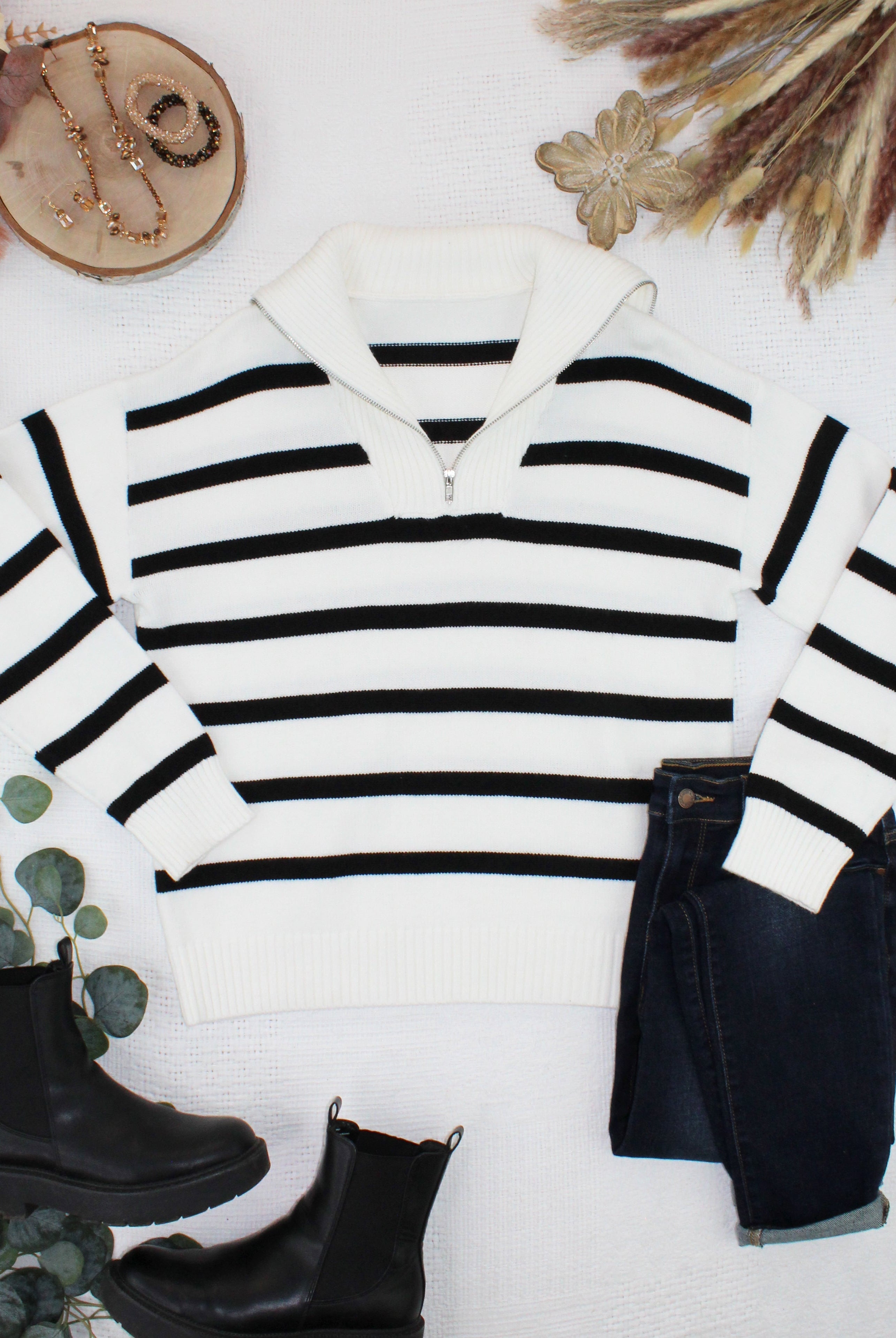 IN STOCK Quarter Zip Striped Pullover - Black and White-pullover-Dear Me Southern Boutique, located in DeRidder, Louisiana