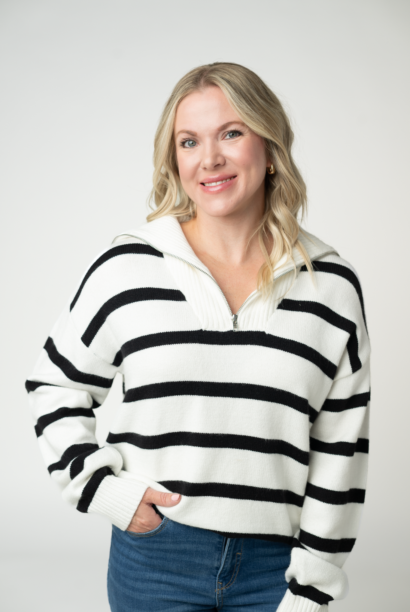 IN STOCK Quarter Zip Striped Pullover - Black and White-pullover-Dear Me Southern Boutique, located in DeRidder, Louisiana