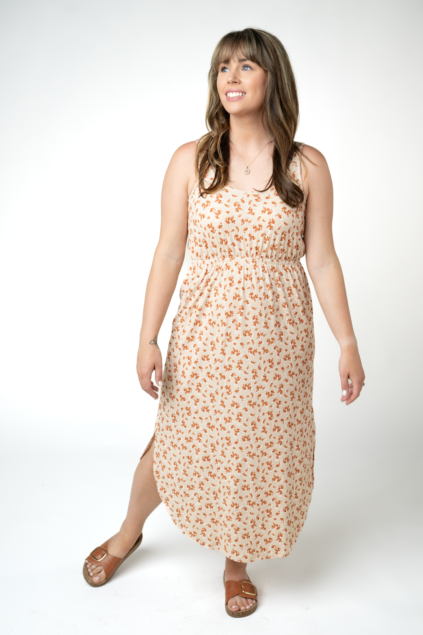 IN STOCK Reagan Ribbed Midi Dress - Sand and Rust Floral-Dresses-Dear Me Southern Boutique, located in DeRidder, Louisiana