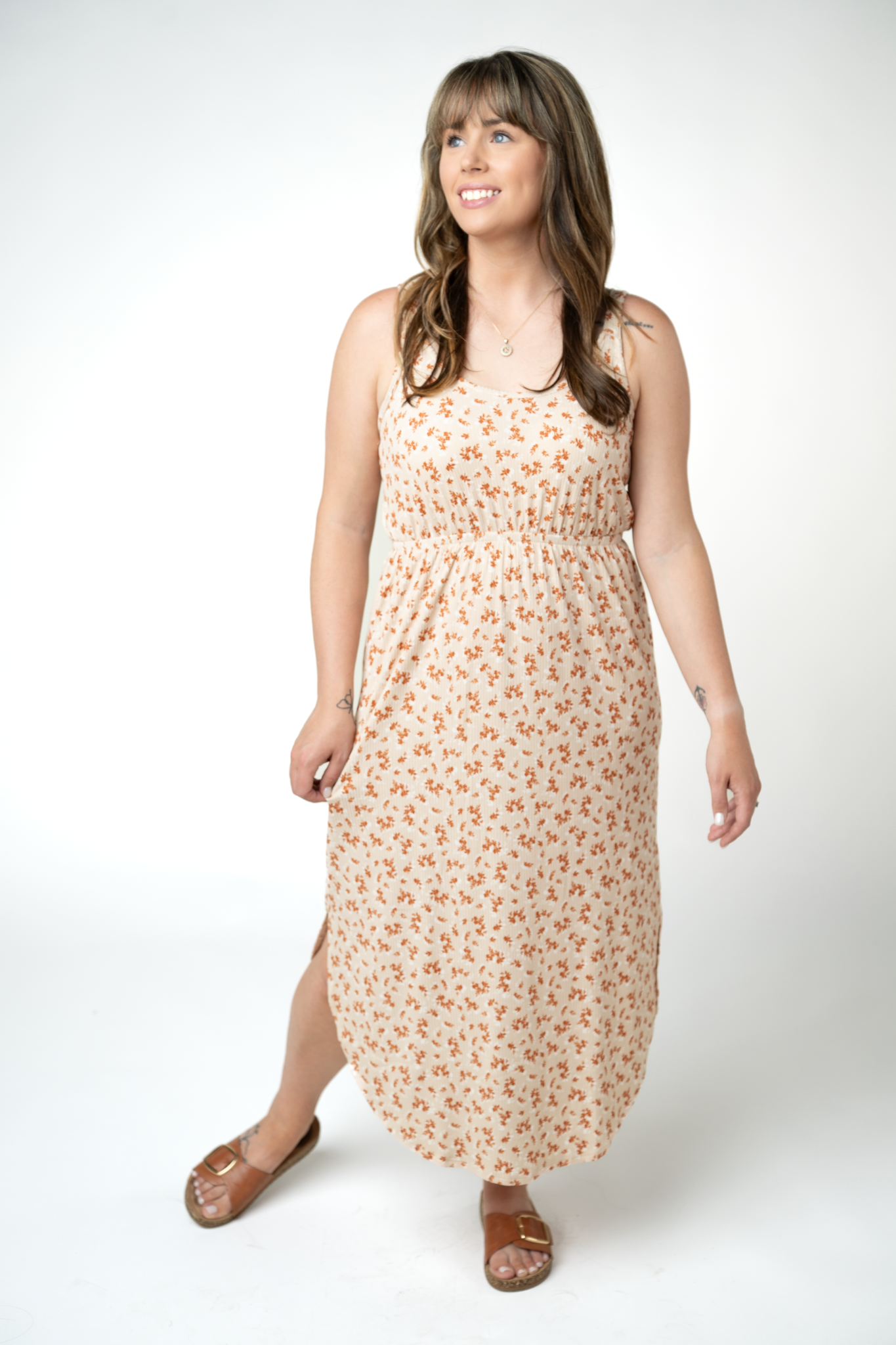 IN STOCK Reagan Ribbed Midi Dress - Sand and Rust Floral-Dresses-Dear Me Southern Boutique, located in DeRidder, Louisiana