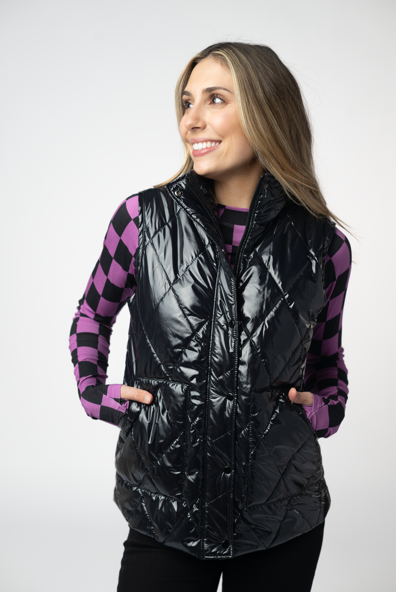 IN STOCK Remy Zip Up Vest - Shiny Black-Vest-Dear Me Southern Boutique, located in DeRidder, Louisiana