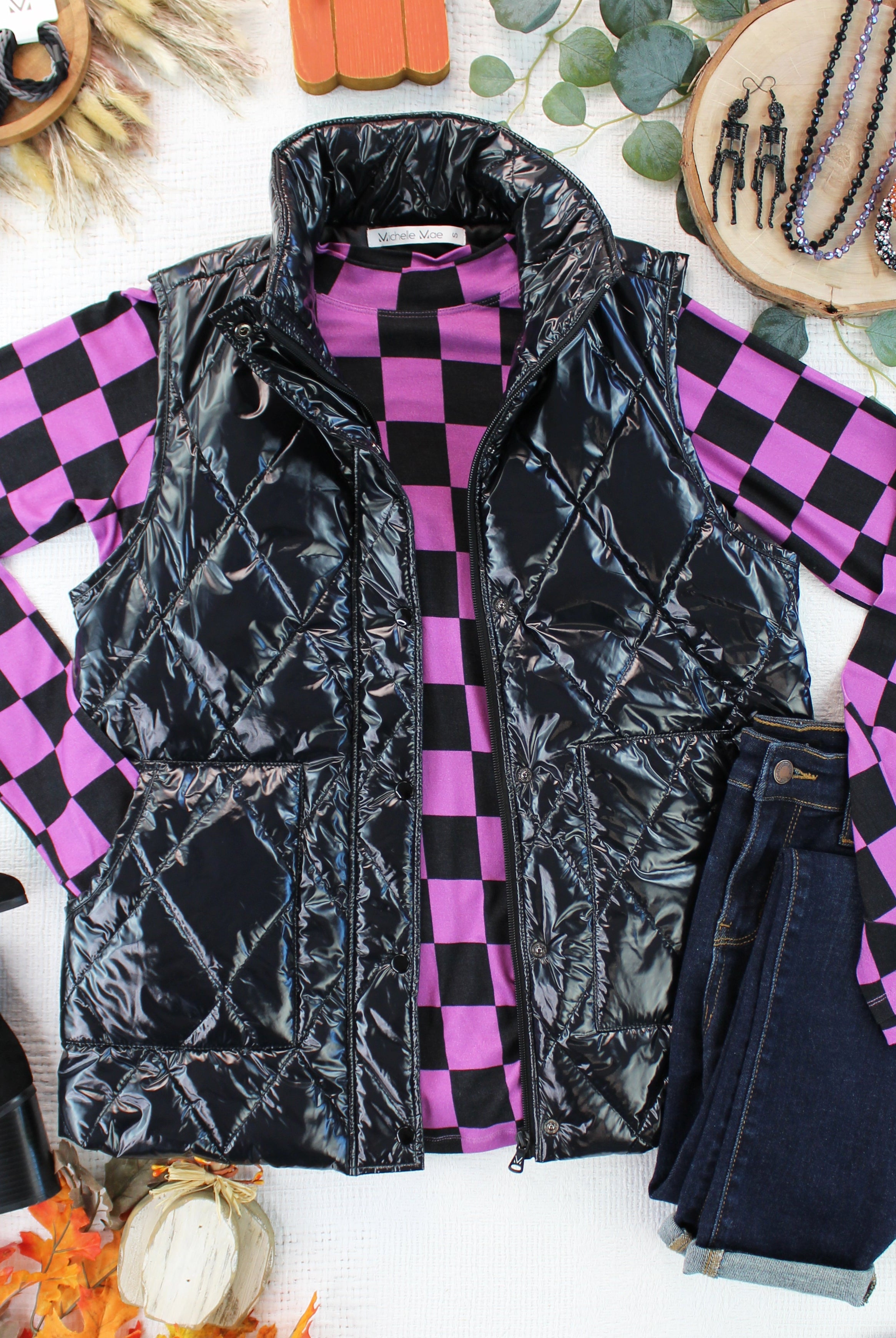 IN STOCK Remy Zip Up Vest - Shiny Black-Vest-Dear Me Southern Boutique, located in DeRidder, Louisiana