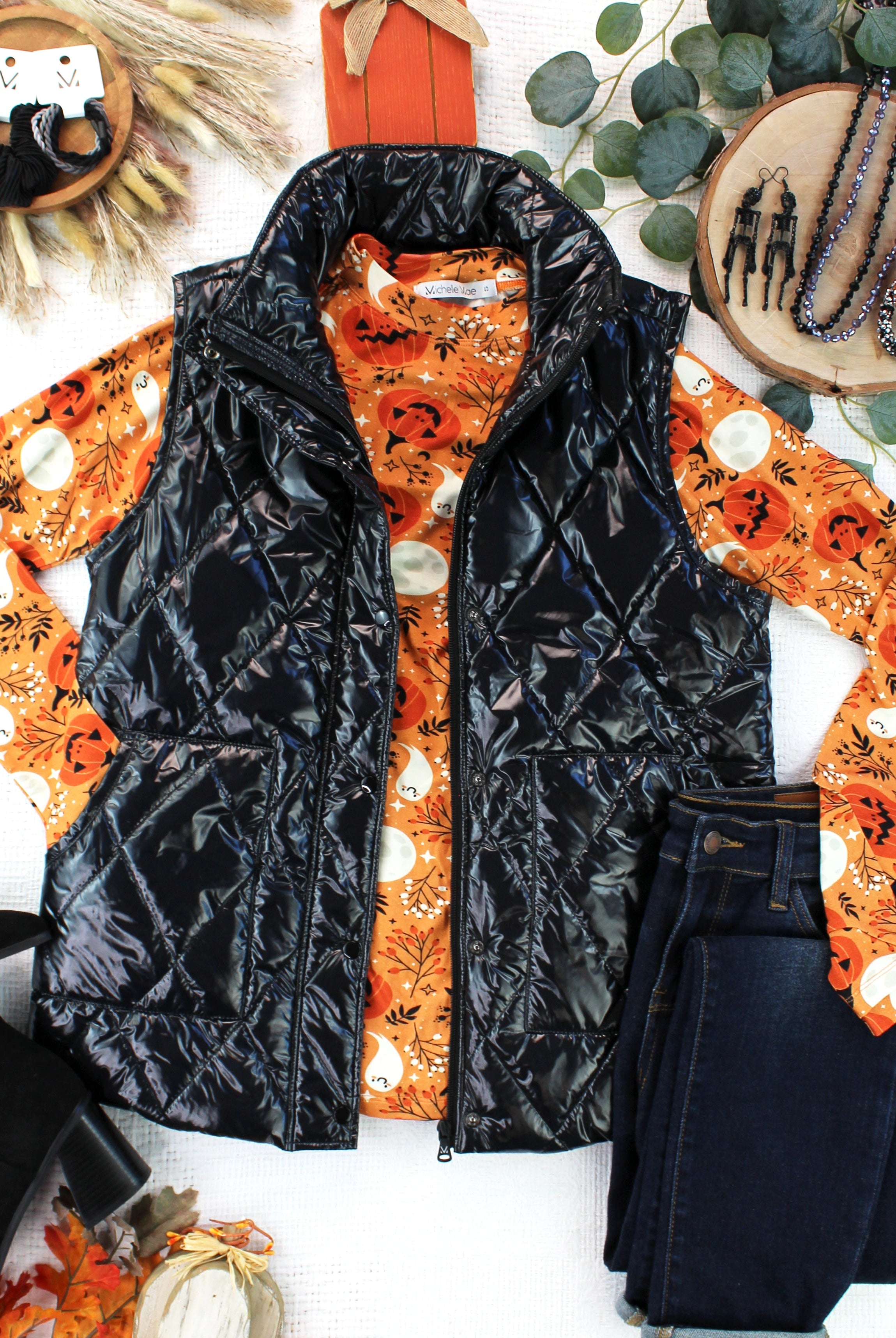 IN STOCK Remy Zip Up Vest - Shiny Black-Vest-Dear Me Southern Boutique, located in DeRidder, Louisiana