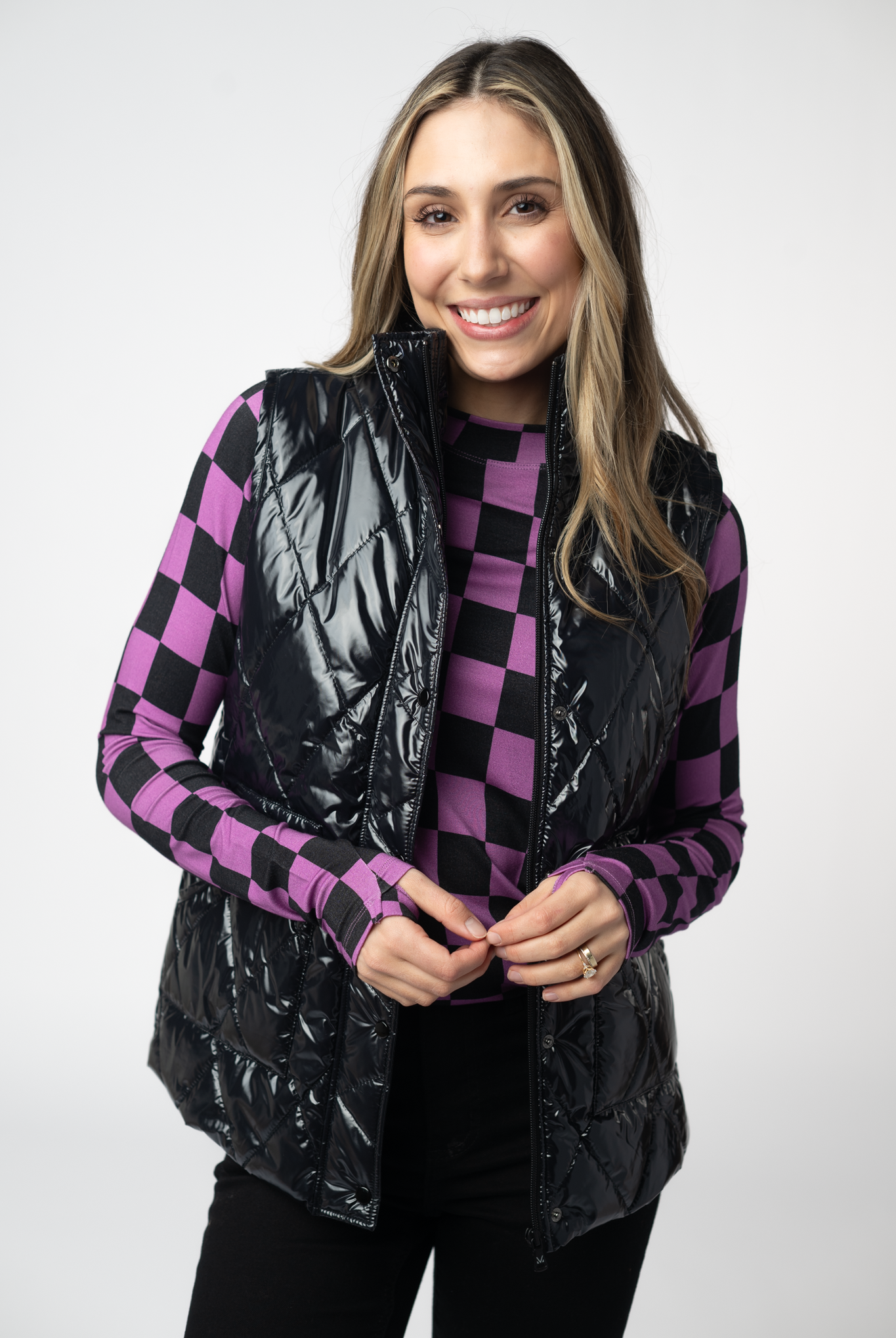 IN STOCK Remy Zip Up Vest - Shiny Black-Vest-Dear Me Southern Boutique, located in DeRidder, Louisiana