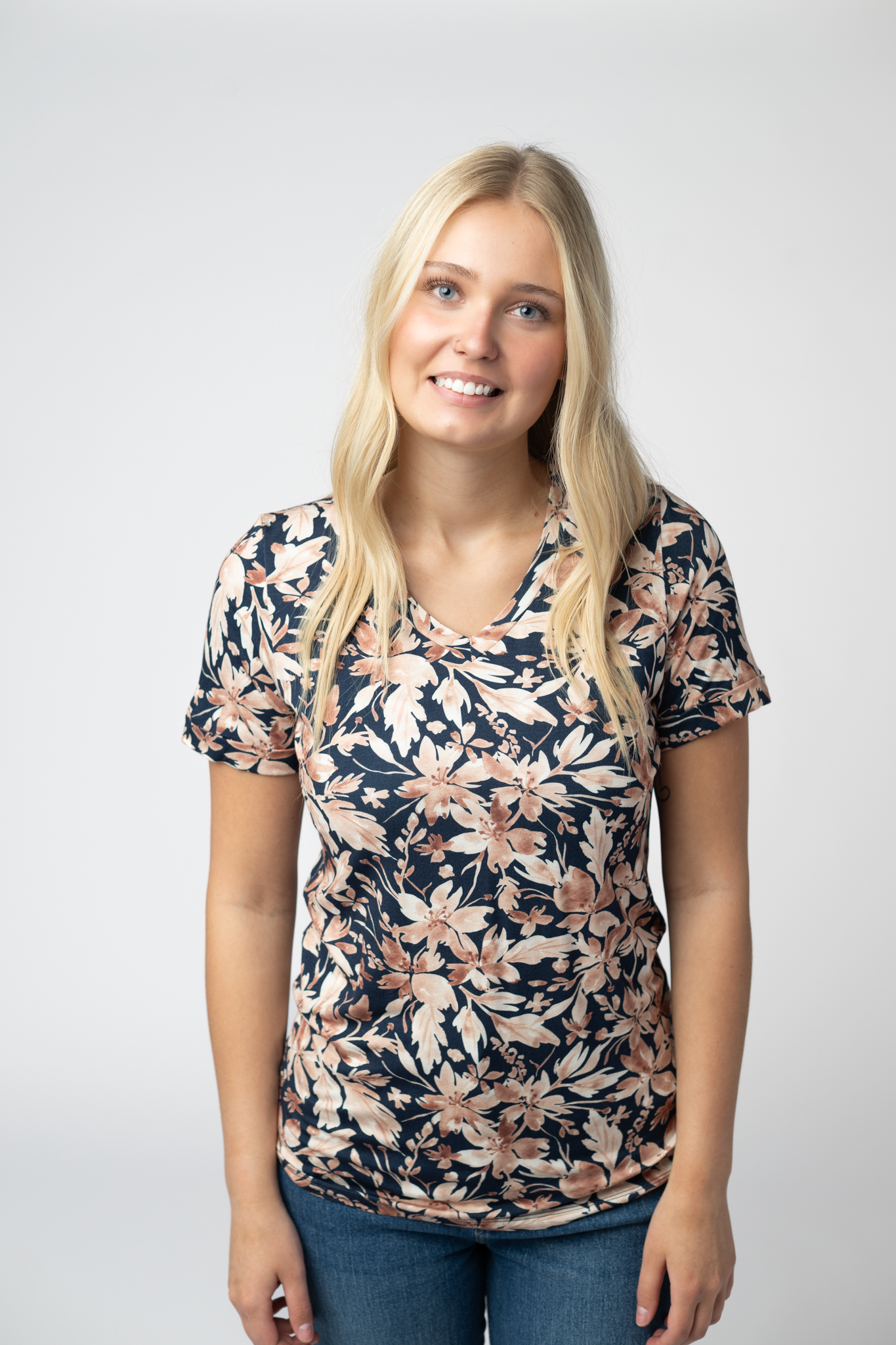 IN STOCK Sophie Top - Navy Autumn Petals-Shirts-Dear Me Southern Boutique, located in DeRidder, Louisiana