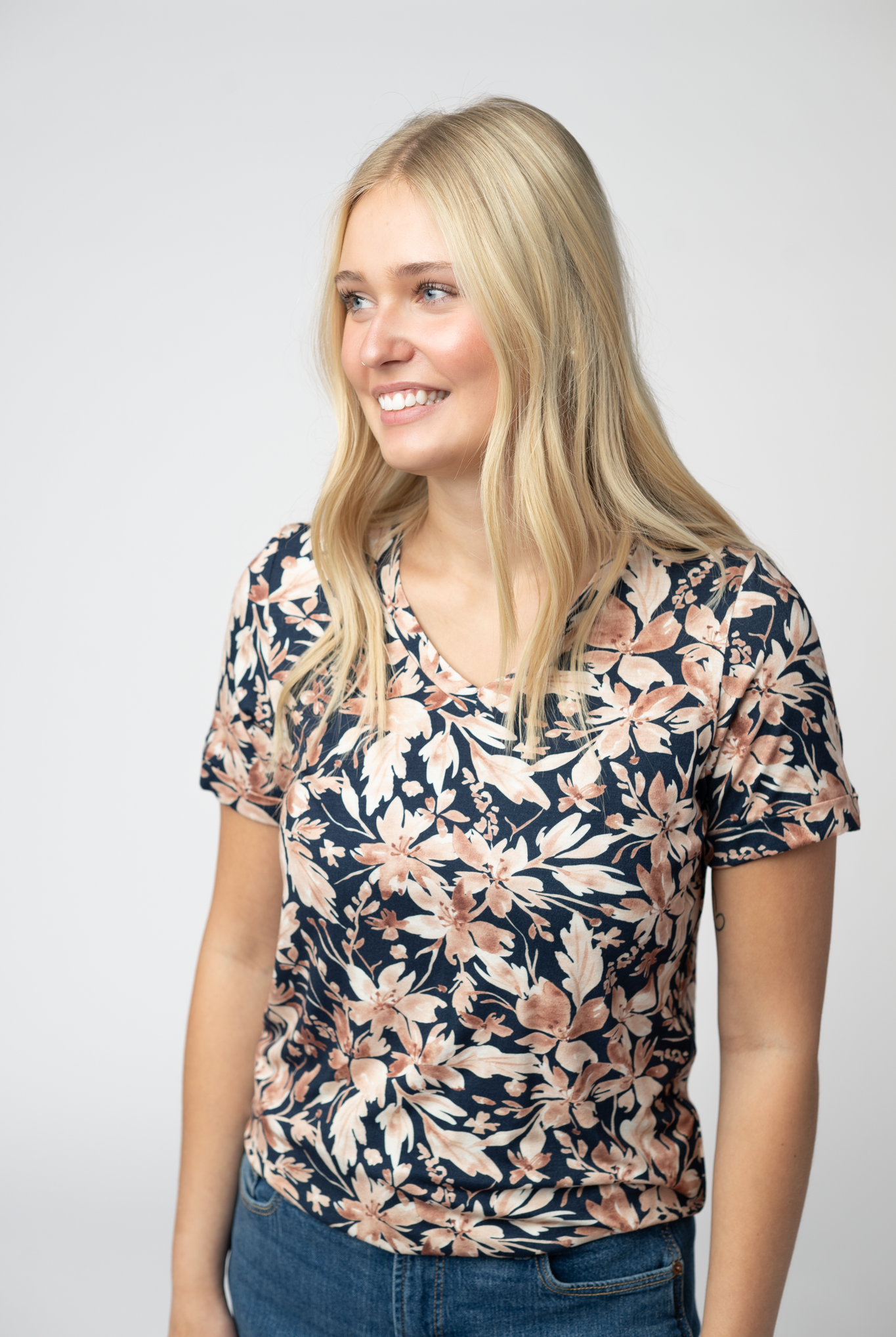 IN STOCK Sophie Top - Navy Autumn Petals-Shirts-Dear Me Southern Boutique, located in DeRidder, Louisiana