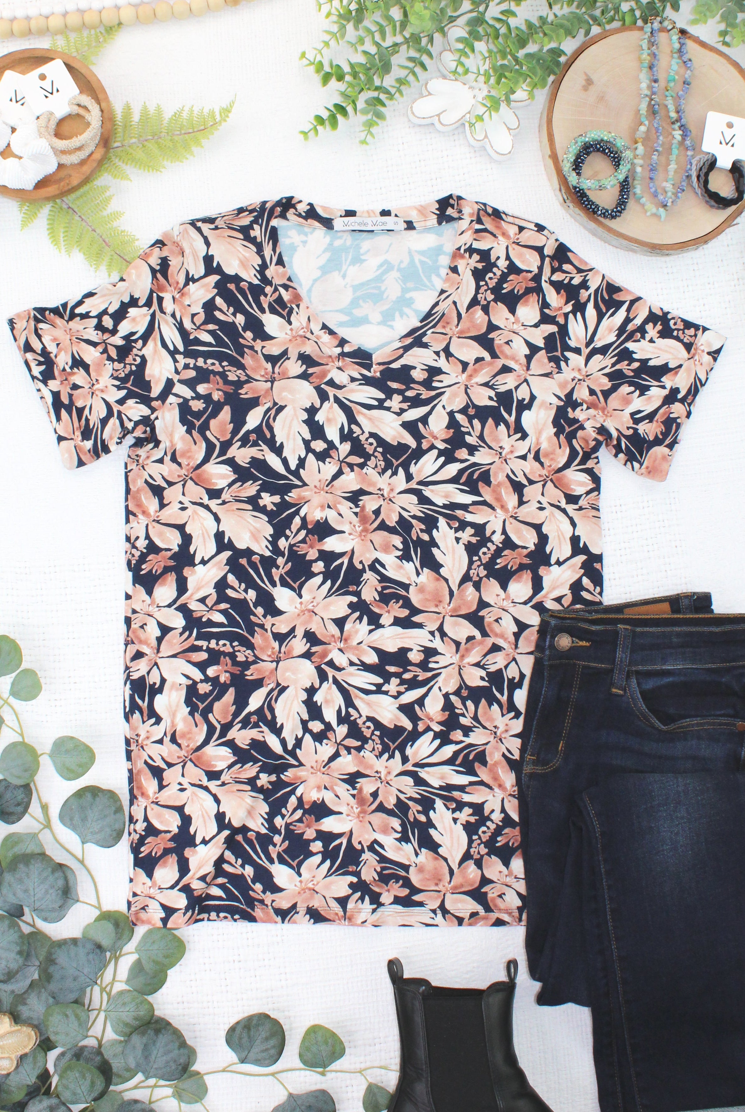 IN STOCK Sophie Top - Navy Autumn Petals-Shirts-Dear Me Southern Boutique, located in DeRidder, Louisiana