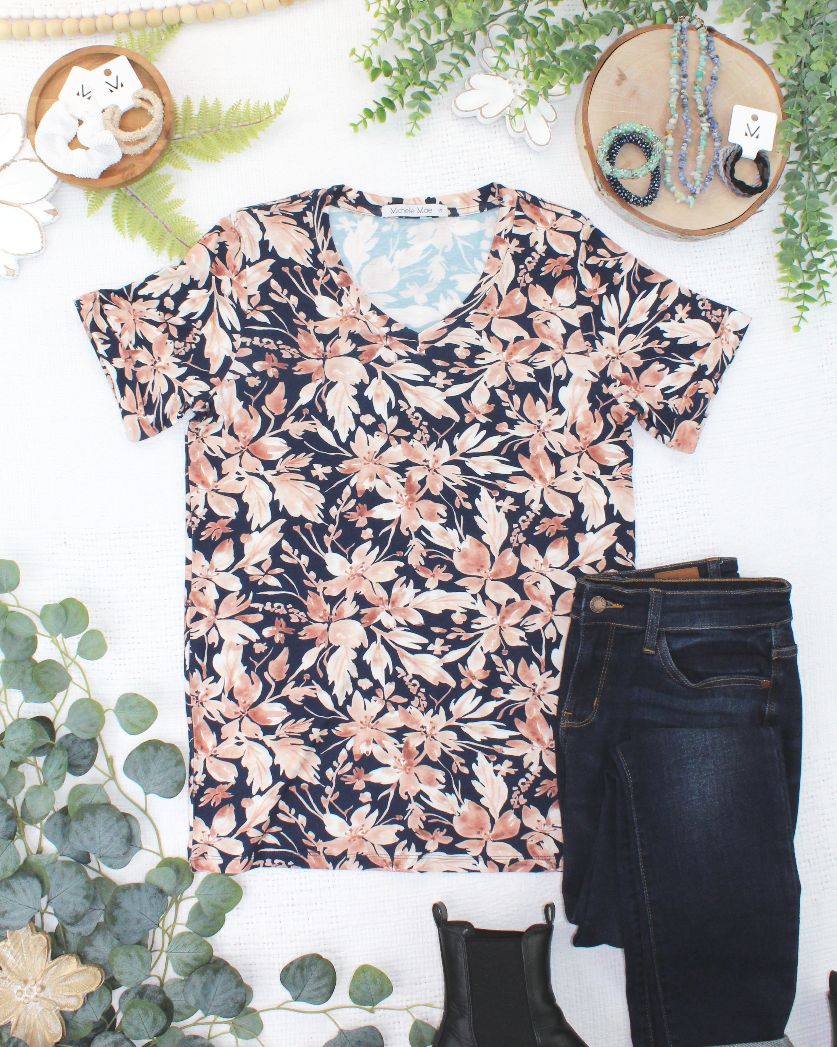IN STOCK Sophie Top - Navy Autumn Petals-Shirts-Dear Me Southern Boutique, located in DeRidder, Louisiana