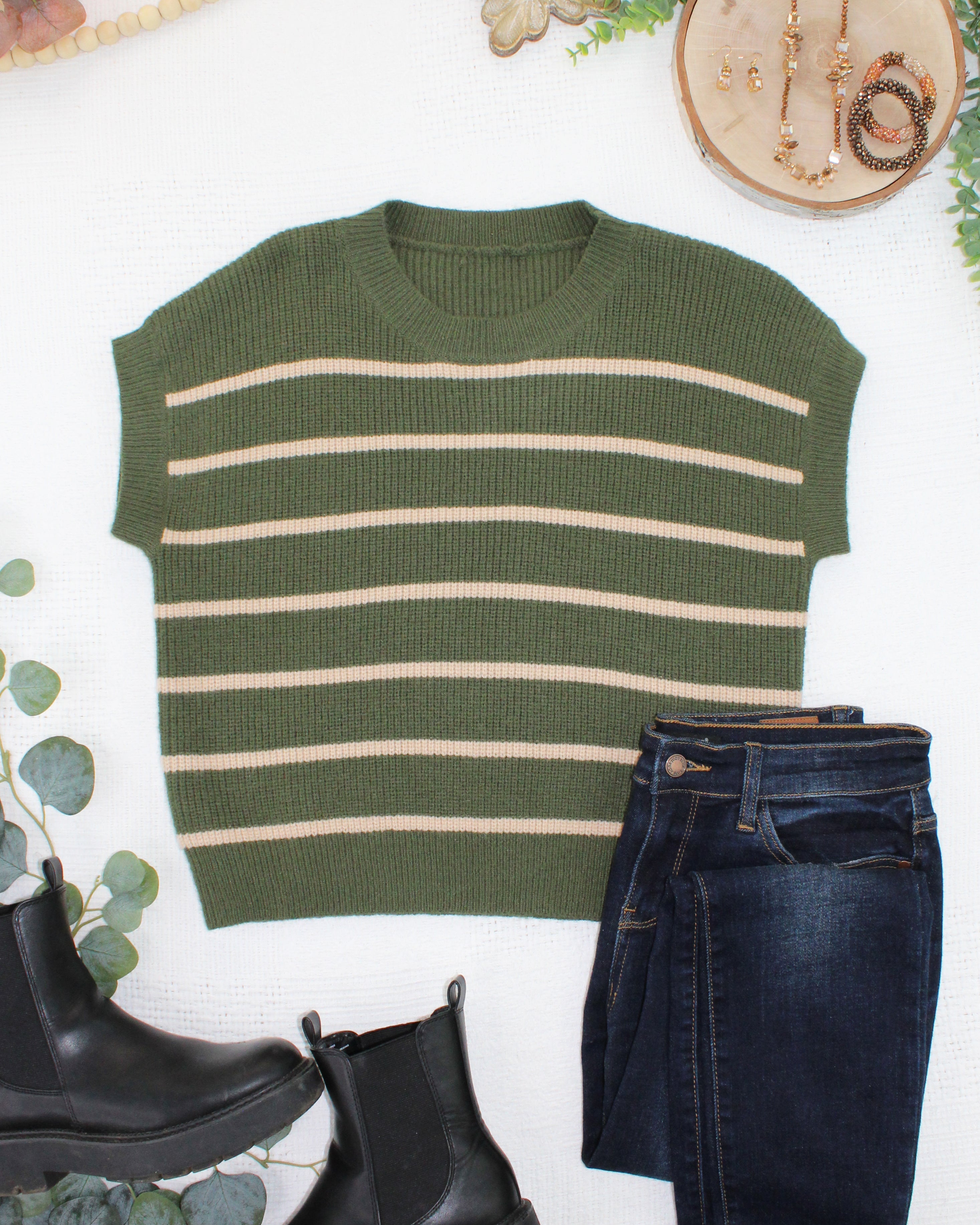 IN STOCK Striped Sweater Top - Olive and Tan-Sweater-Dear Me Southern Boutique, located in DeRidder, Louisiana