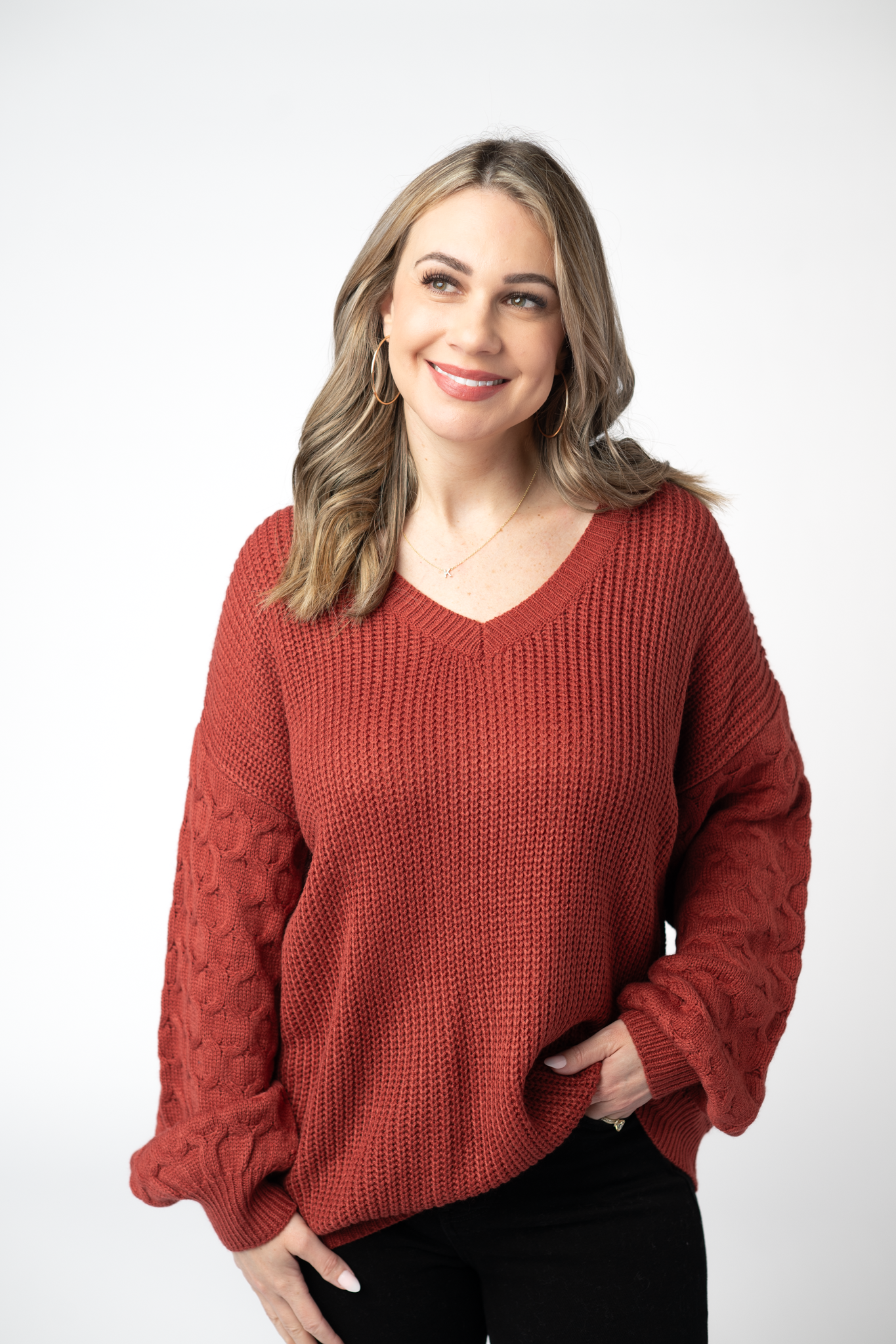 IN STOCK Talina Textured Sweater - Brick-Sweater-Dear Me Southern Boutique, located in DeRidder, Louisiana