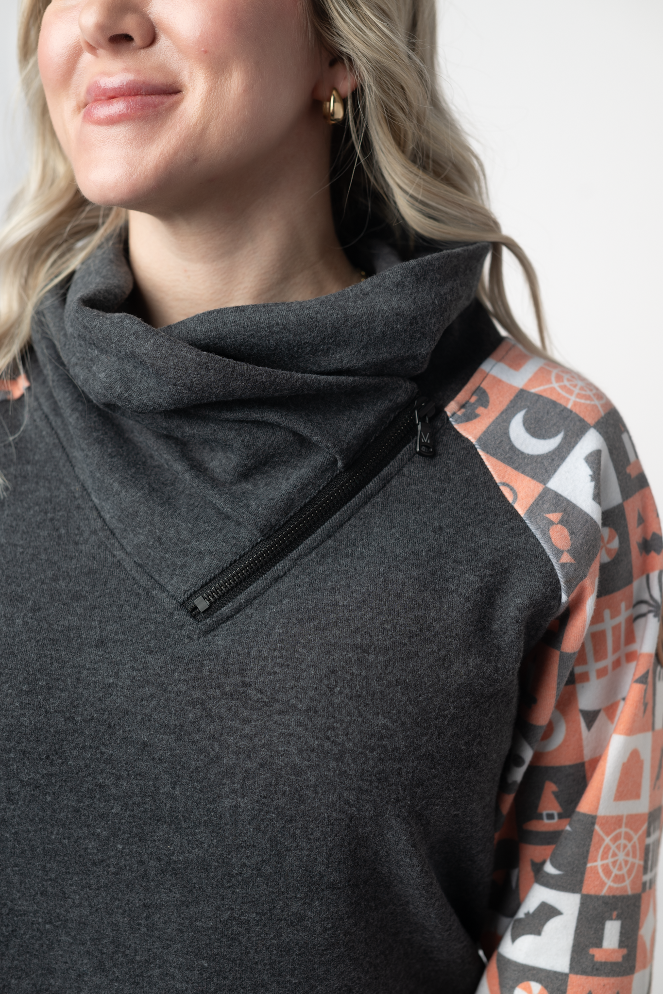 IN STOCK Zoey ZipCowl Sweatshirt -Trick-or-Treat Checkered and Charcoal-Pullover-Dear Me Southern Boutique, located in DeRidder, Louisiana