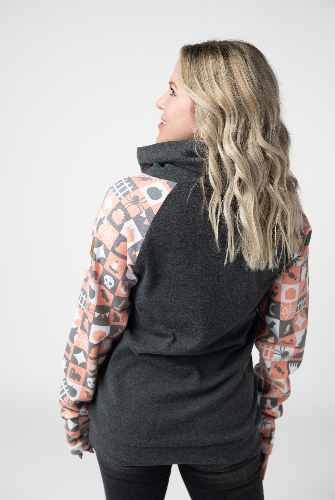 IN STOCK Zoey ZipCowl Sweatshirt -Trick-or-Treat Checkered and Charcoal-Pullover-Dear Me Southern Boutique, located in DeRidder, Louisiana