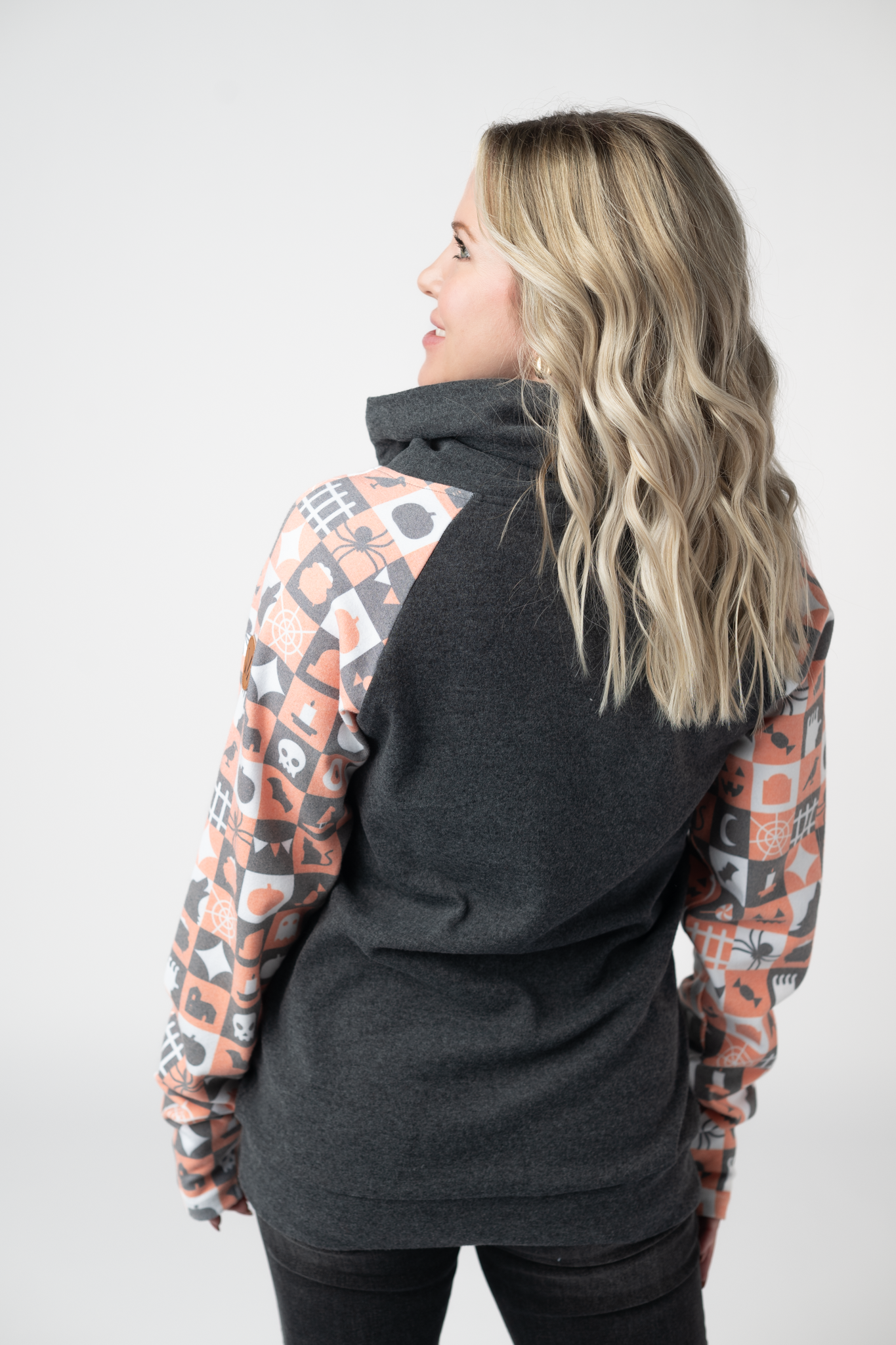 IN STOCK Zoey ZipCowl Sweatshirt -Trick-or-Treat Checkered and Charcoal-Pullover-Dear Me Southern Boutique, located in DeRidder, Louisiana