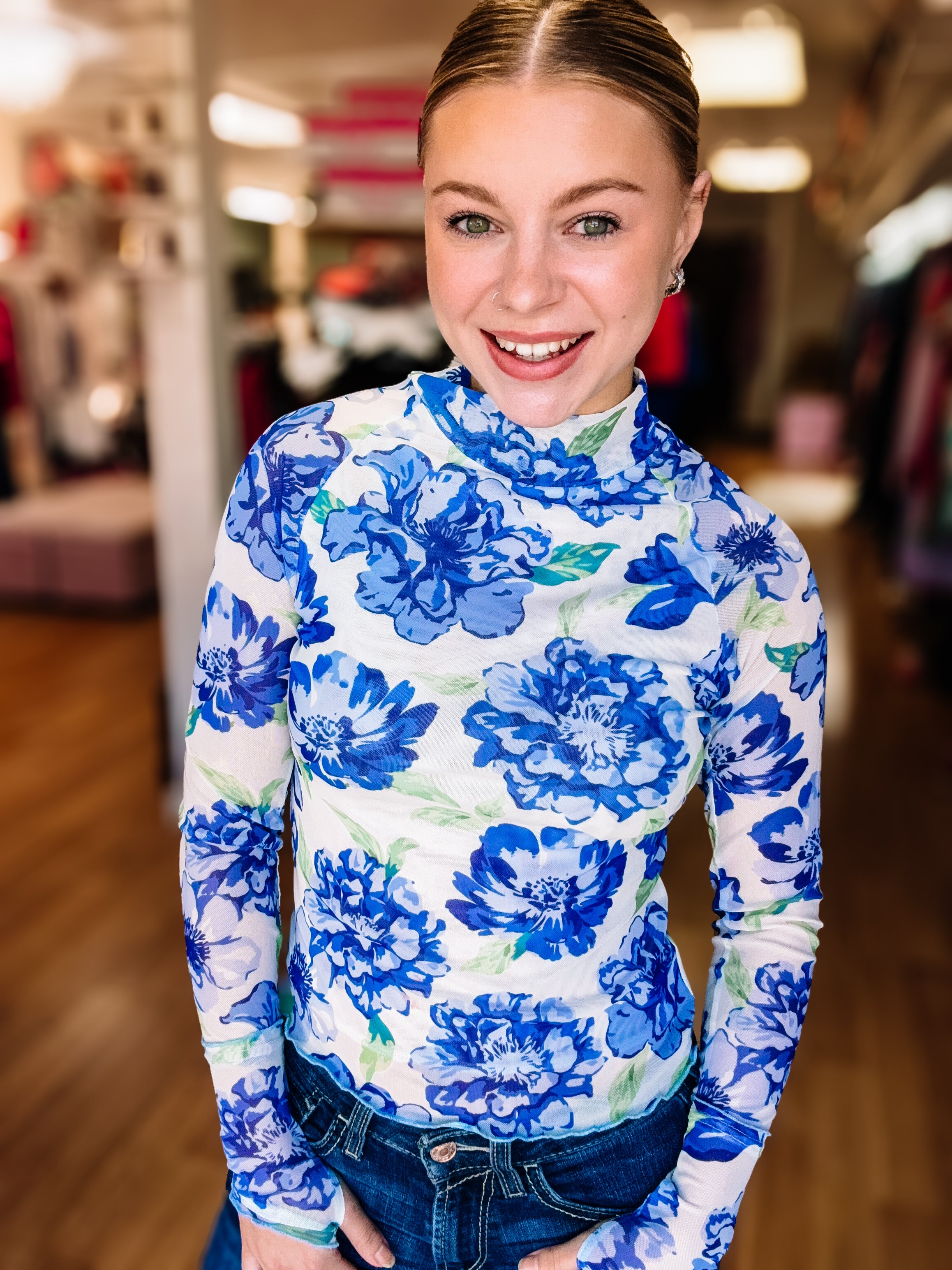 In Full Bloom Hydrangea Mesh Top-Blouses-Dear Me Southern Boutique, located in DeRidder, Louisiana
