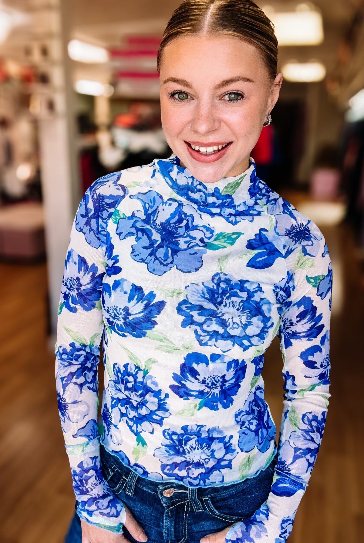 In Full Bloom Hydrangea Mesh Top-Tops-Dear Me Southern Boutique, located in DeRidder, Louisiana