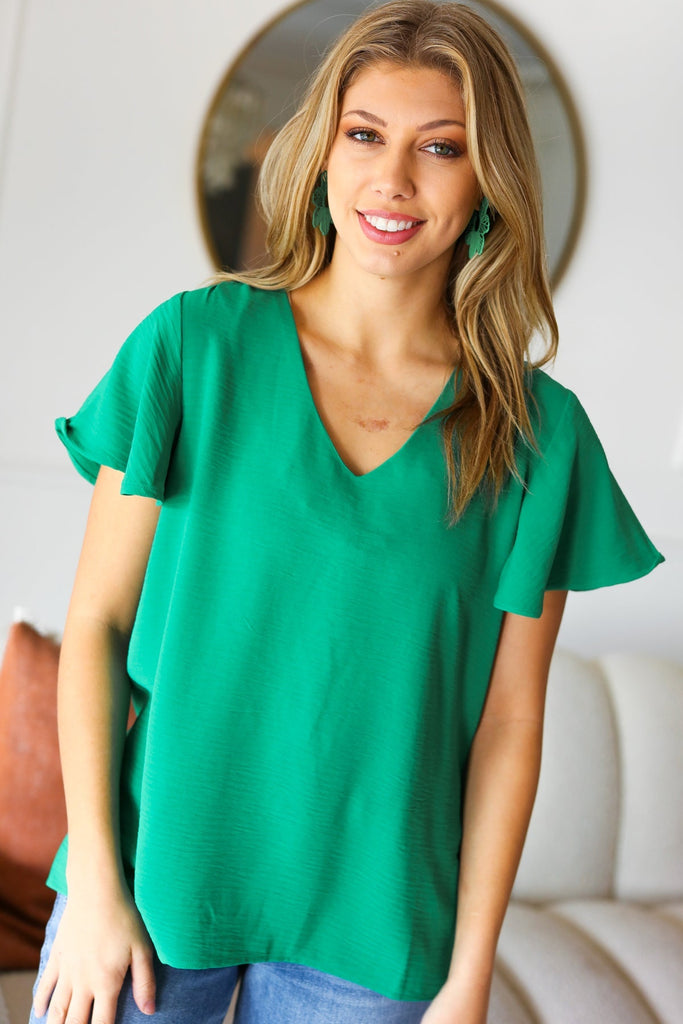 In Your Dreams Emerald Green Flutter Sleeve V Neck Top-Dear Me Southern Boutique, located in DeRidder, Louisiana
