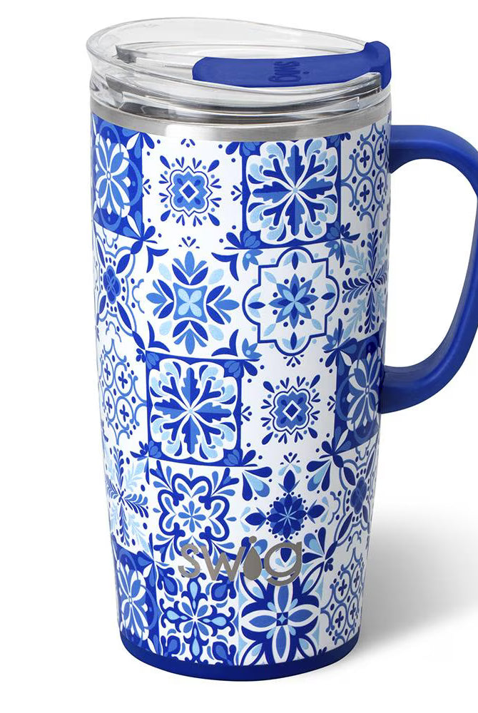 Indigo Tiles Travel Mug 22oz-Tumblers-Dear Me Southern Boutique, located in DeRidder, Louisiana