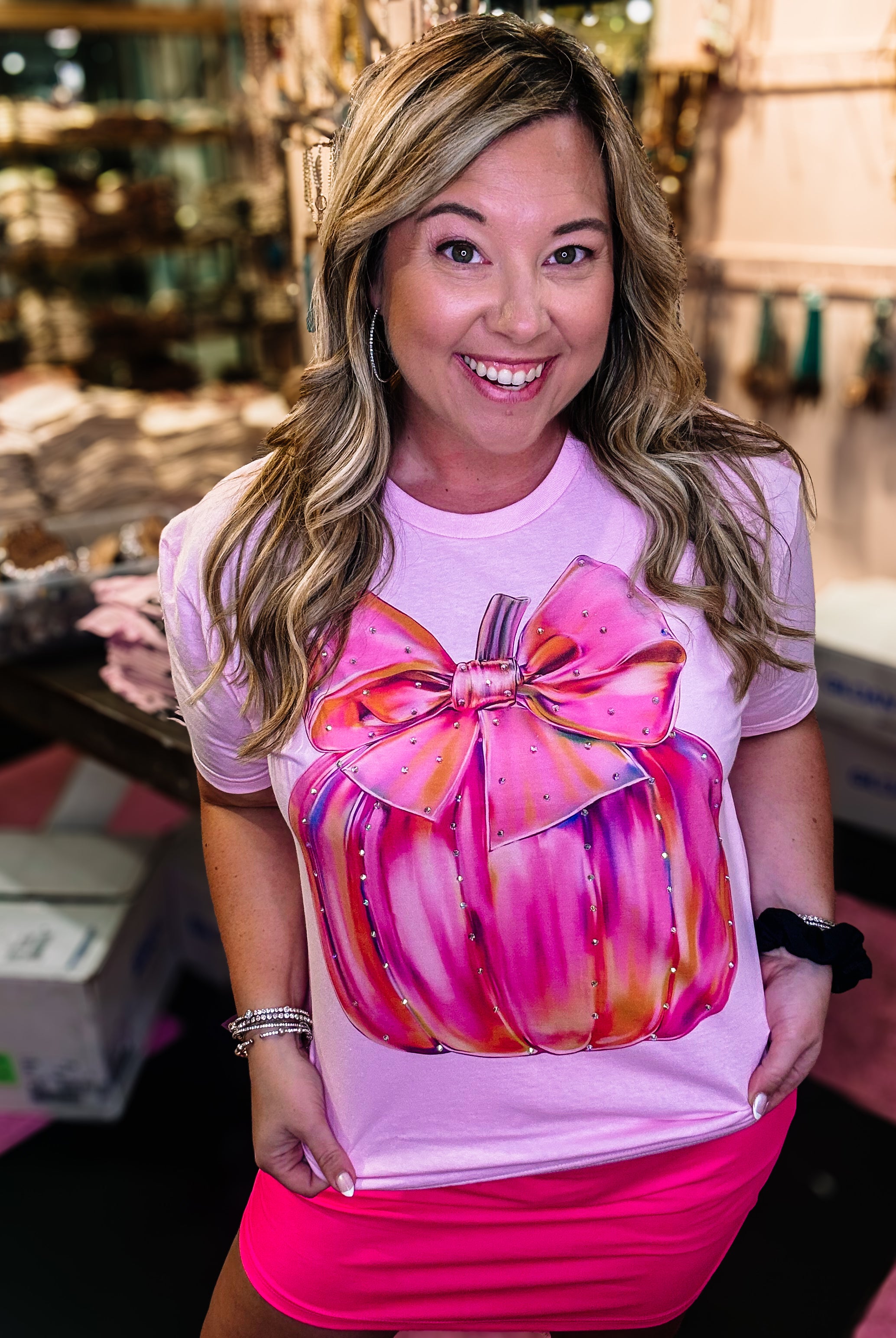 Iridescent Pumpkin Bougie Rhinestone Tee-Dear Me Southern Boutique, located in DeRidder, Louisiana