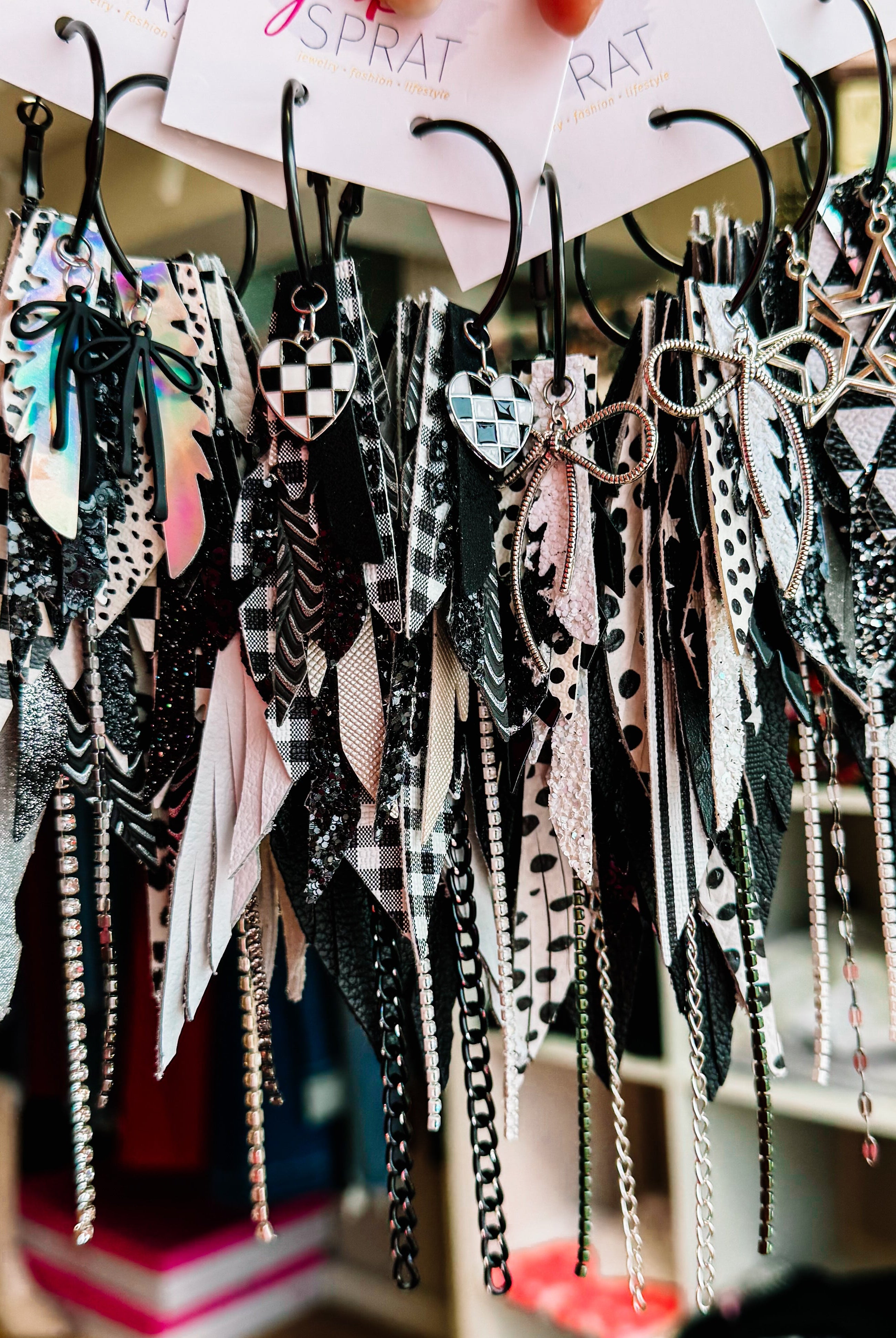 Jak Sprat Black, White & Checkered Collection: Medium Mic Drop Dangles-Earrings-Dear Me Southern Boutique, located in DeRidder, Louisiana