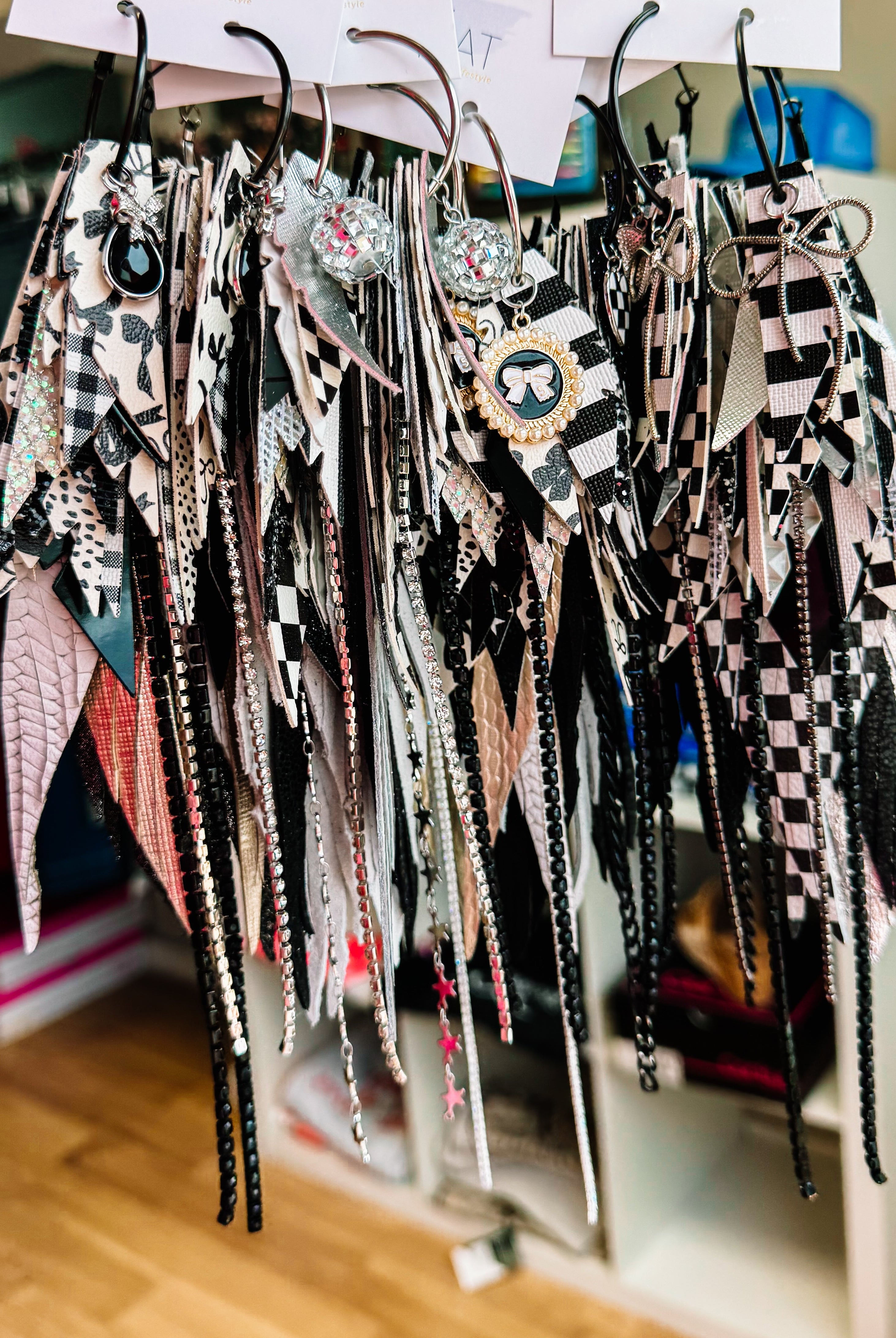 Jak Sprat Black, White & Checkered Collection: Mega Mic Drop-Earrings-Dear Me Southern Boutique, located in DeRidder, Louisiana