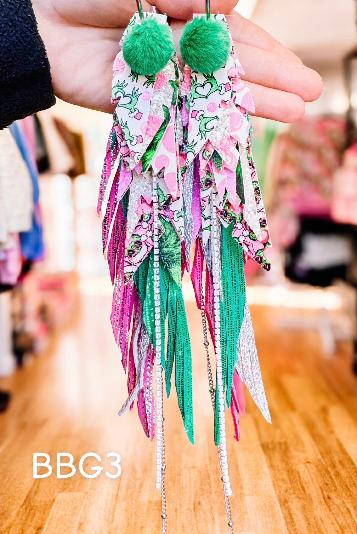 Jak Sprat Bubble Gum Grinchy Collection: Mega Mic Drop Dangles-Earrings-Dear Me Southern Boutique, located in DeRidder, Louisiana