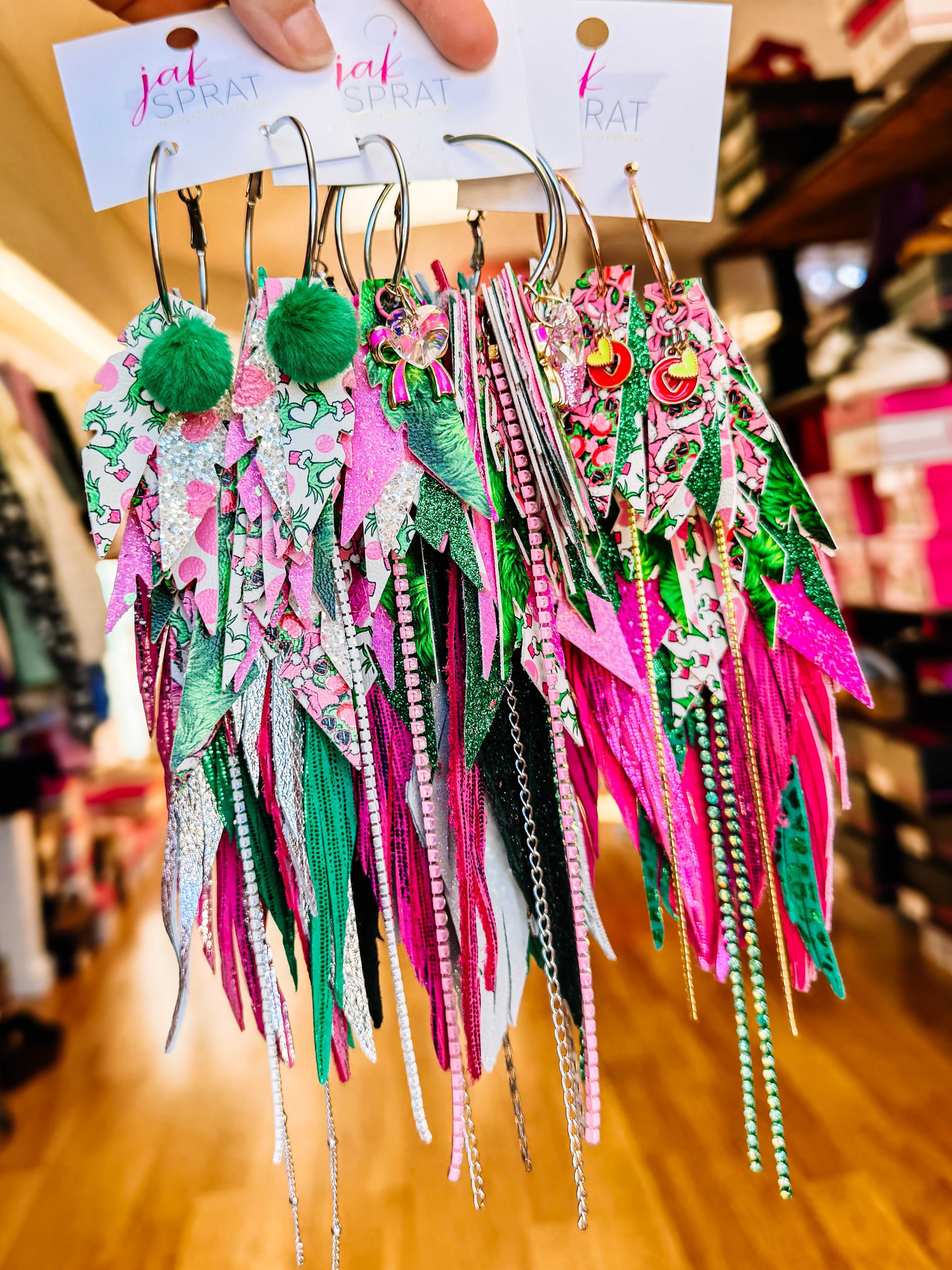 Jak Sprat Bubble Gum Grinchy Collection: Mega Mic Drop Dangles-Earrings-Dear Me Southern Boutique, located in DeRidder, Louisiana