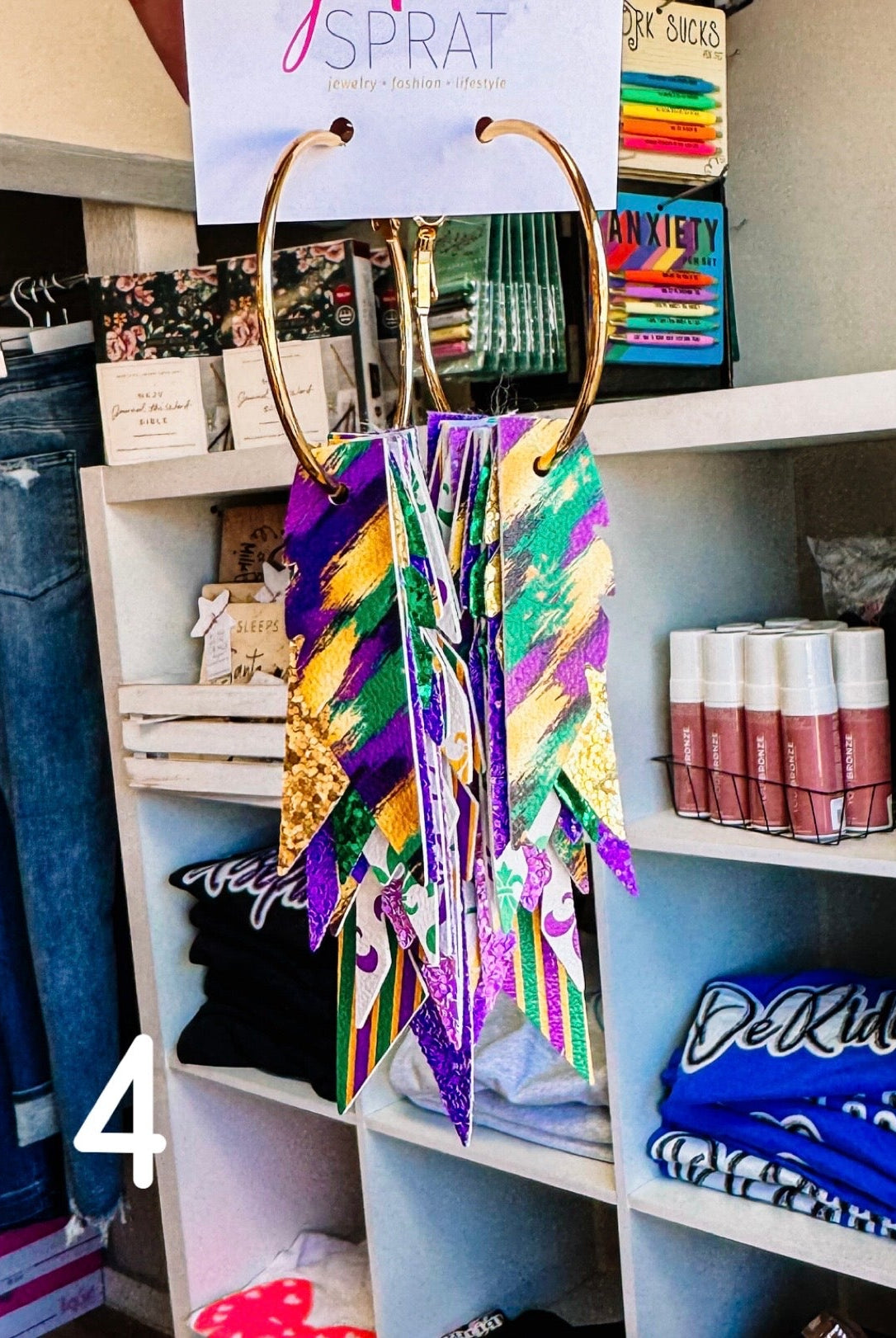 Jak Sprat Mardi Gras Collection: Fabulous Feather Dangles-Earrings-Dear Me Southern Boutique, located in DeRidder, Louisiana