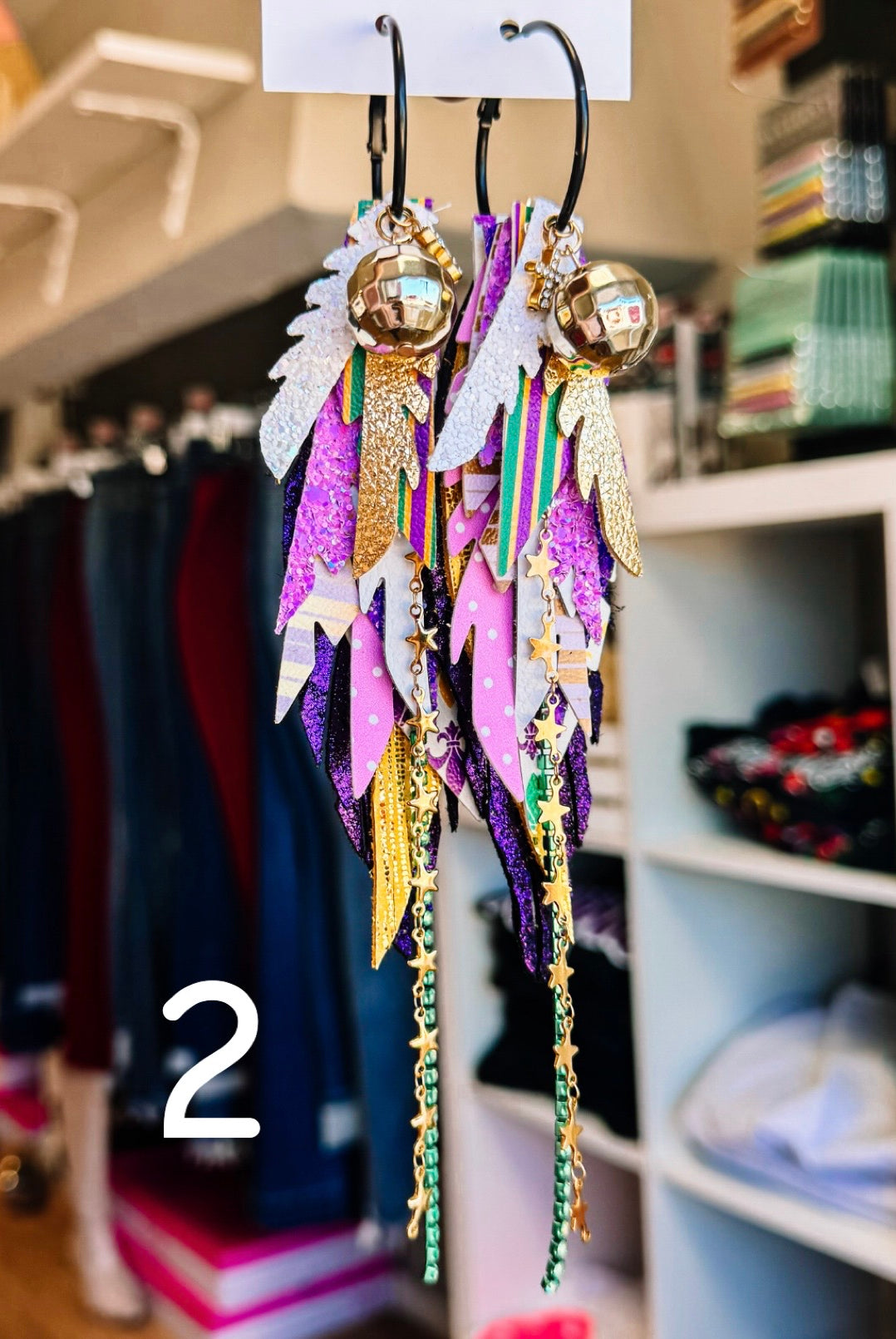 Jak Sprat Mardi Gras Collection: Medium Mic Drop Dangles-Earrings-Dear Me Southern Boutique, located in DeRidder, Louisiana