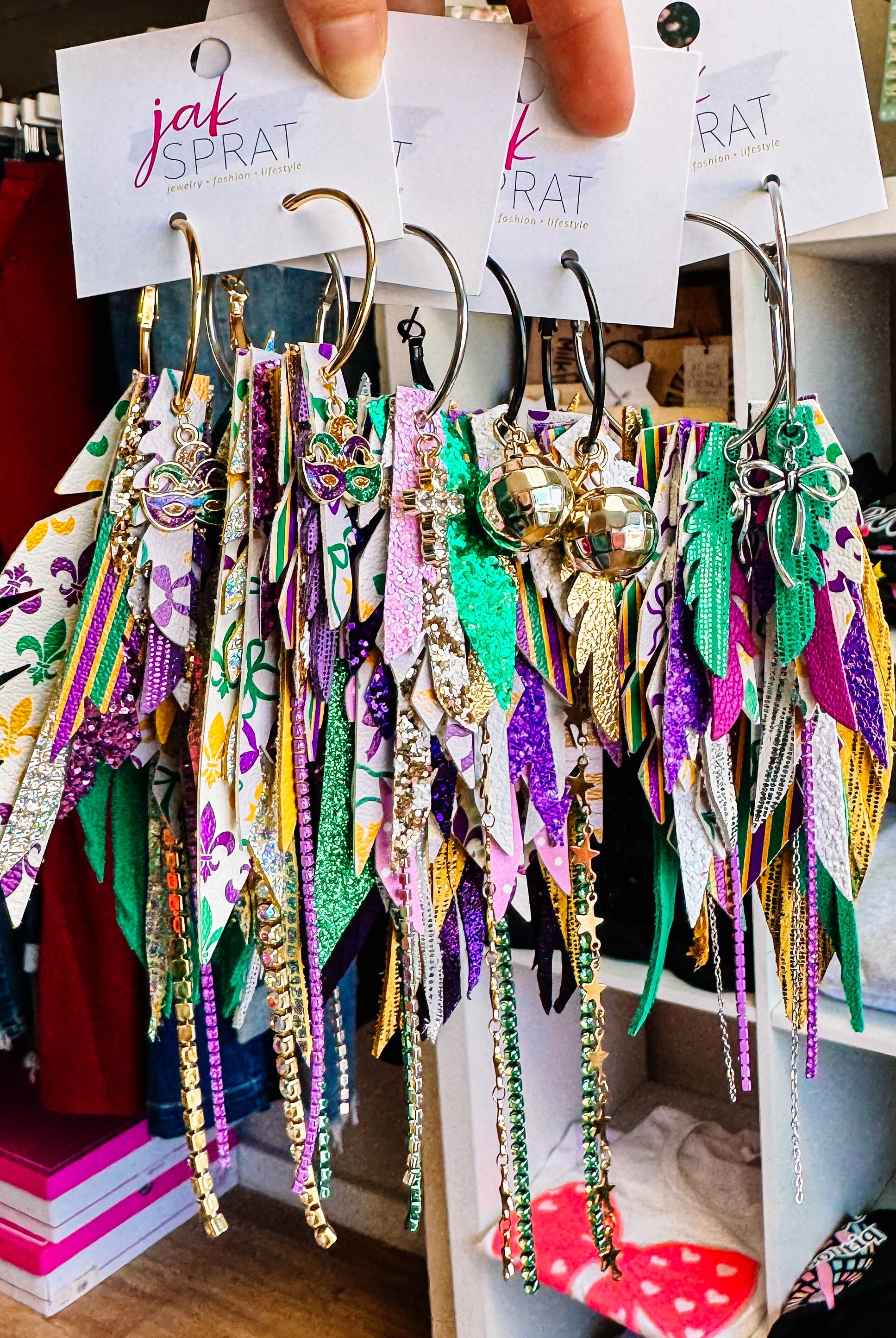Jak Sprat Mardi Gras Collection: Medium Mic Drop Dangles-Earrings-Dear Me Southern Boutique, located in DeRidder, Louisiana