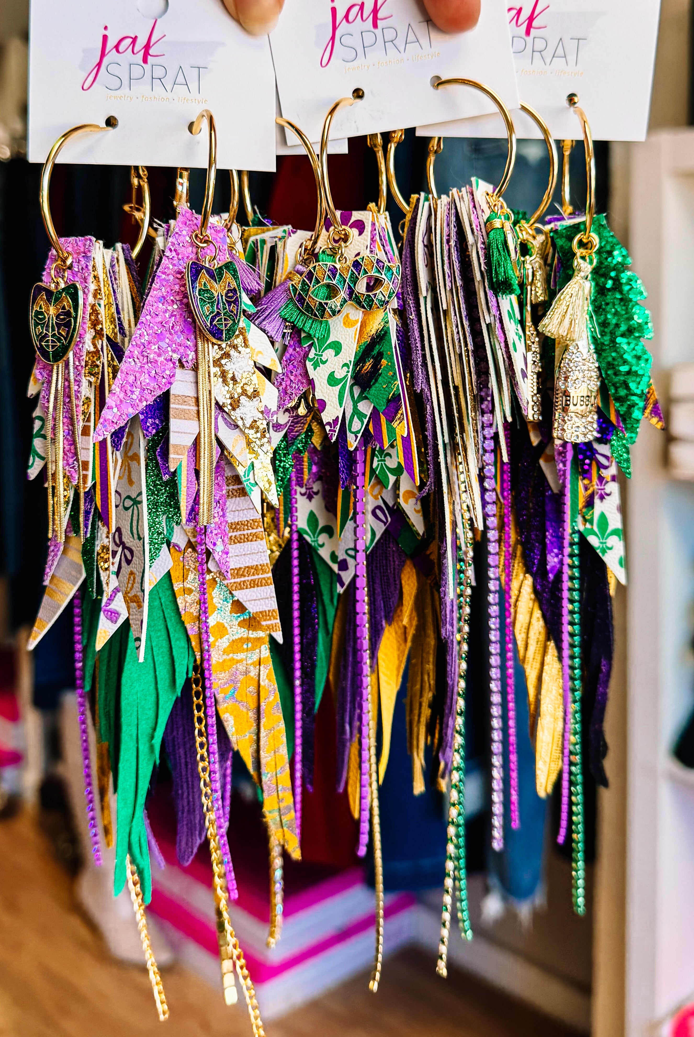 Jak Sprat Mardi Gras Collection: Mega Mic Drop-Earrings-Dear Me Southern Boutique, located in DeRidder, Louisiana