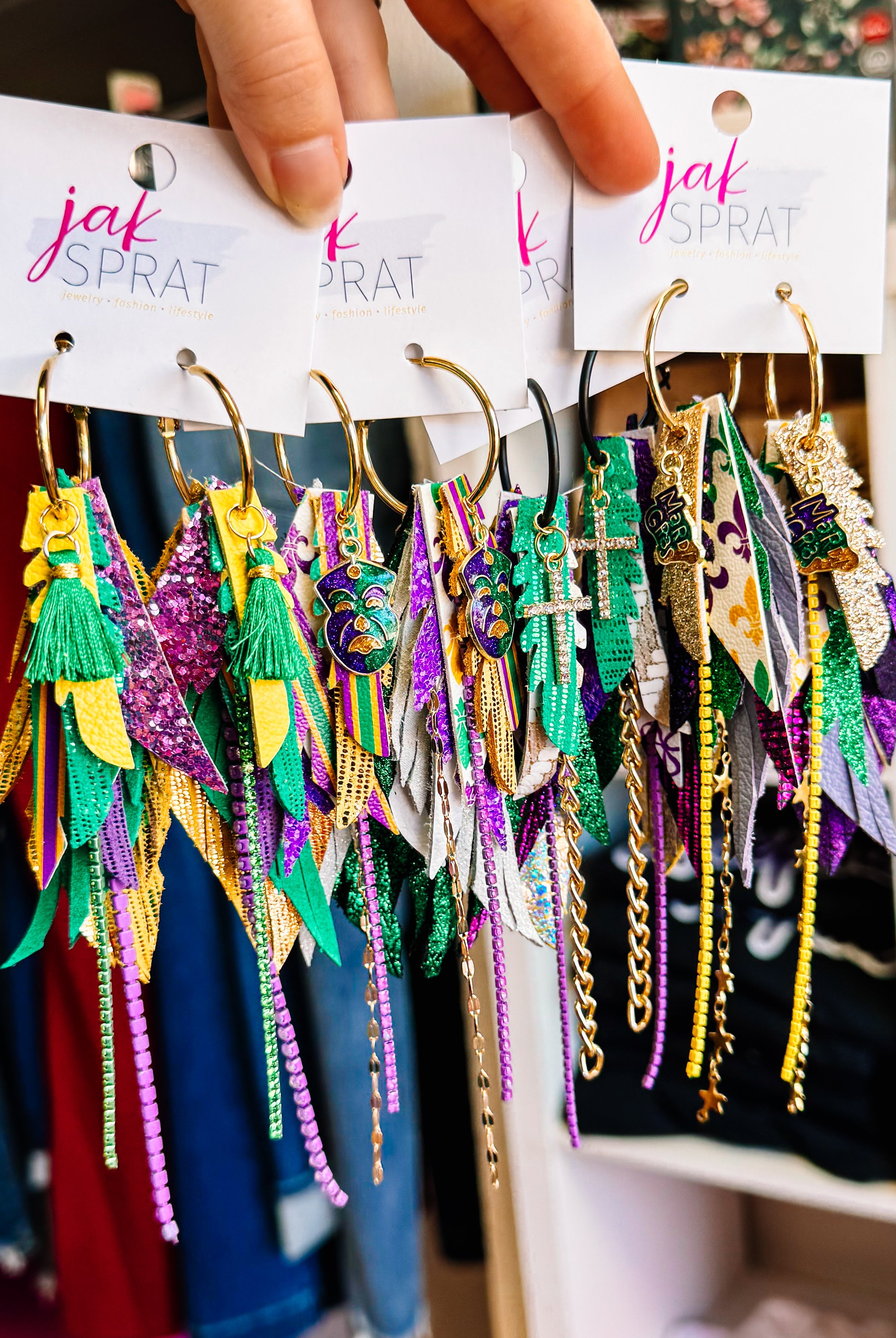 Jak Sprat Mardi Gras Collection: Mini Mic Drop Dangles-Earrings-Dear Me Southern Boutique, located in DeRidder, Louisiana