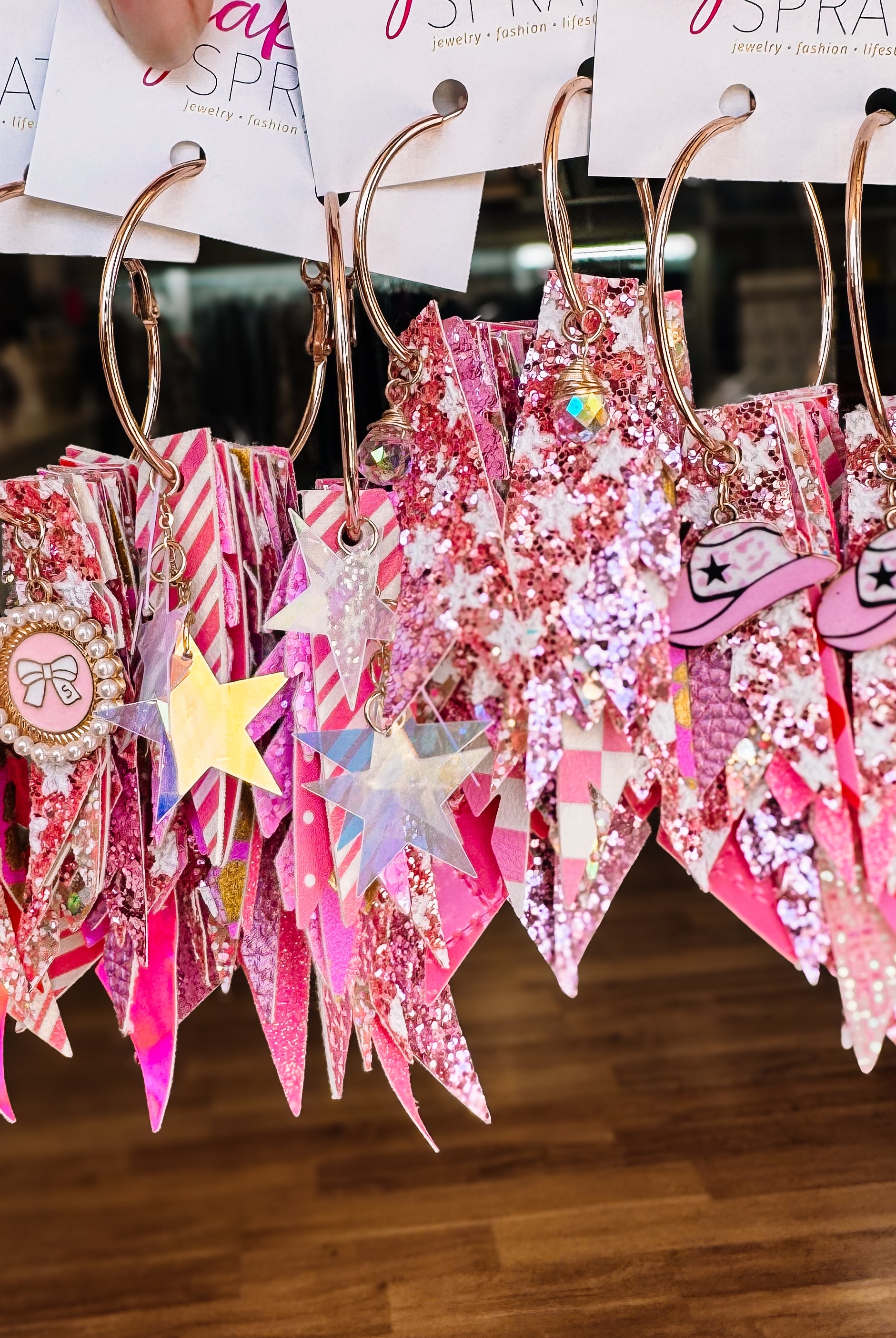 Jak Sprat Pink Monochromatic Collection: Charmed Fabulous Feather Dangles-Earrings-Dear Me Southern Boutique, located in DeRidder, Louisiana