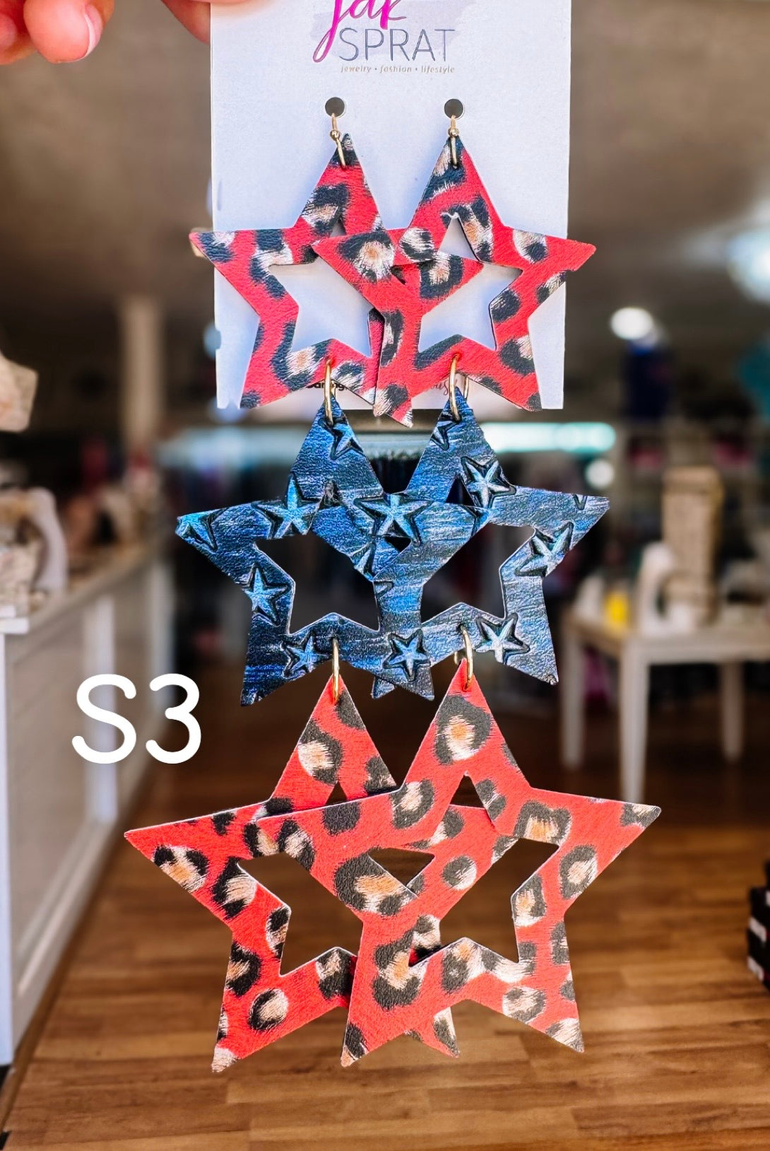 Jak Sprat Red, White & Blue Star Studded Dangles-Earrings-Dear Me Southern Boutique, located in DeRidder, Louisiana