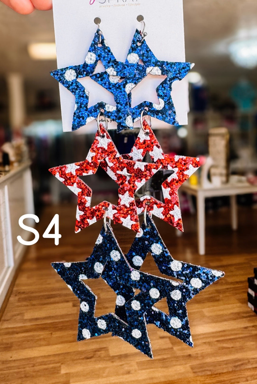 Jak Sprat Red, White & Blue Star Studded Dangles-Earrings-Dear Me Southern Boutique, located in DeRidder, Louisiana