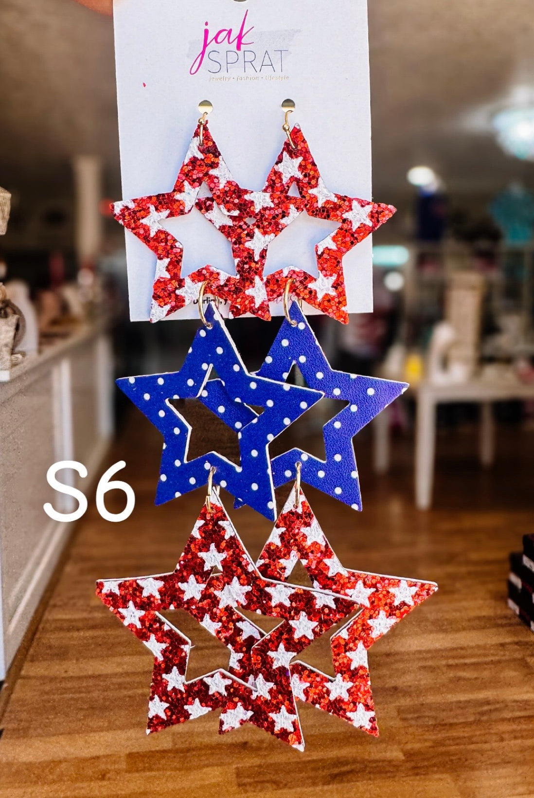 Jak Sprat Red, White & Blue Star Studded Dangles-Earrings-Dear Me Southern Boutique, located in DeRidder, Louisiana