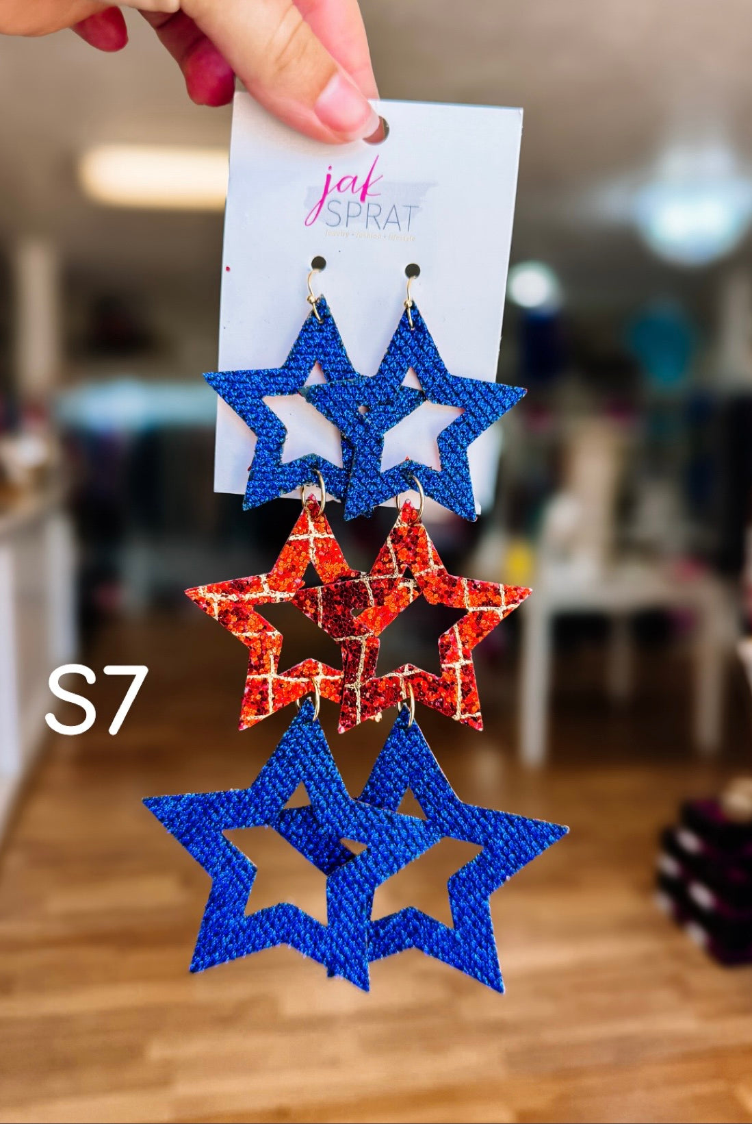 Jak Sprat Red, White & Blue Star Studded Dangles-Earrings-Dear Me Southern Boutique, located in DeRidder, Louisiana