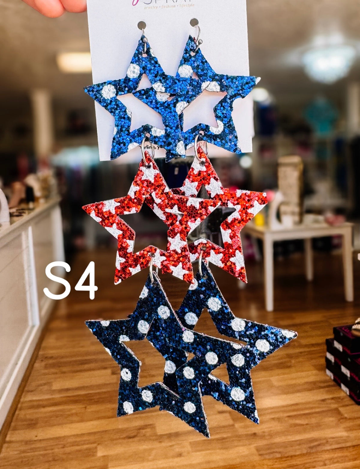 Jak Sprat Red, White & Blue Star Studded Dangles-Jewelry - Earrings-Dear Me Southern Boutique, located in DeRidder, Louisiana