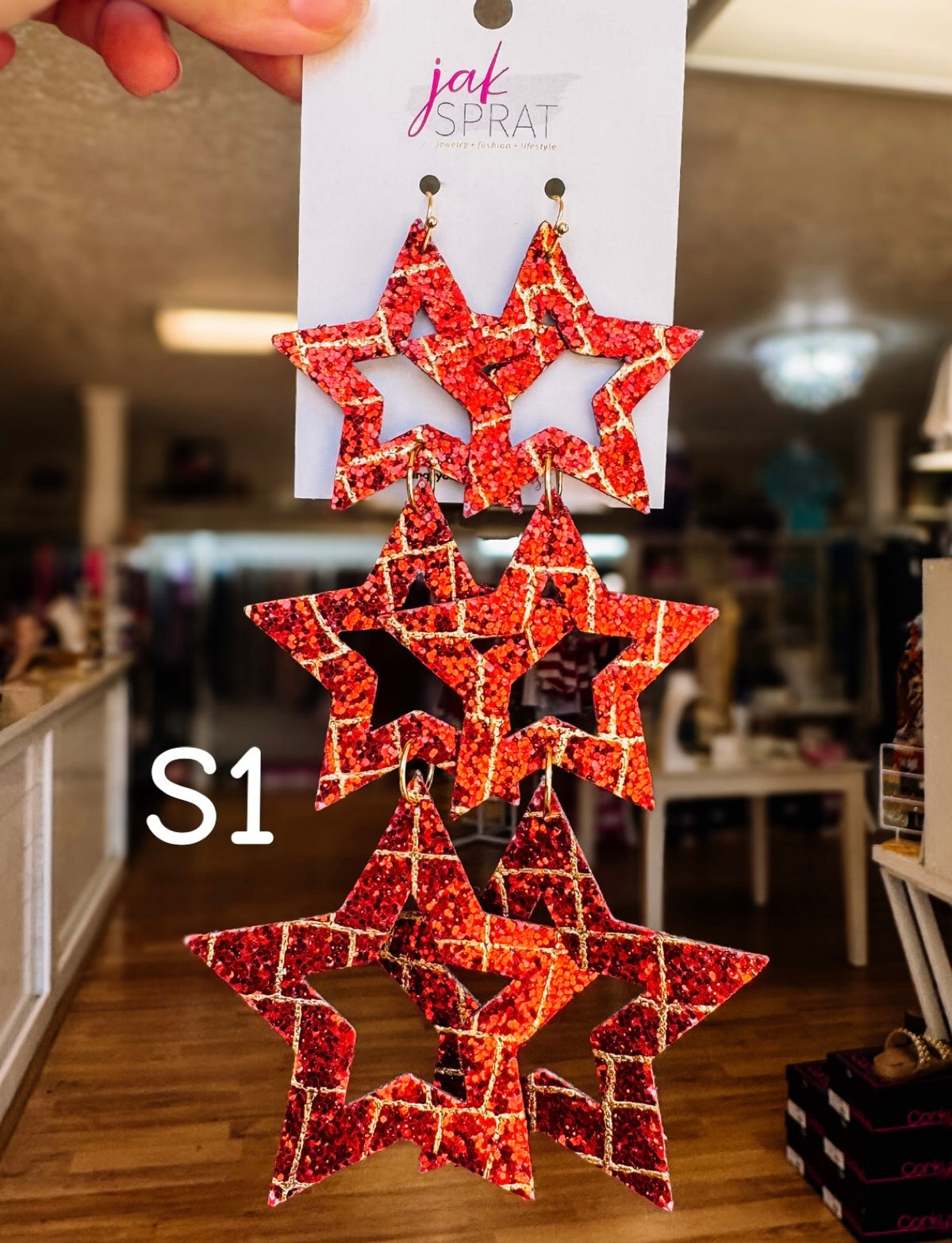 Jak Sprat Red, White & Blue Star Studded Dangles-Jewelry - Earrings-Dear Me Southern Boutique, located in DeRidder, Louisiana