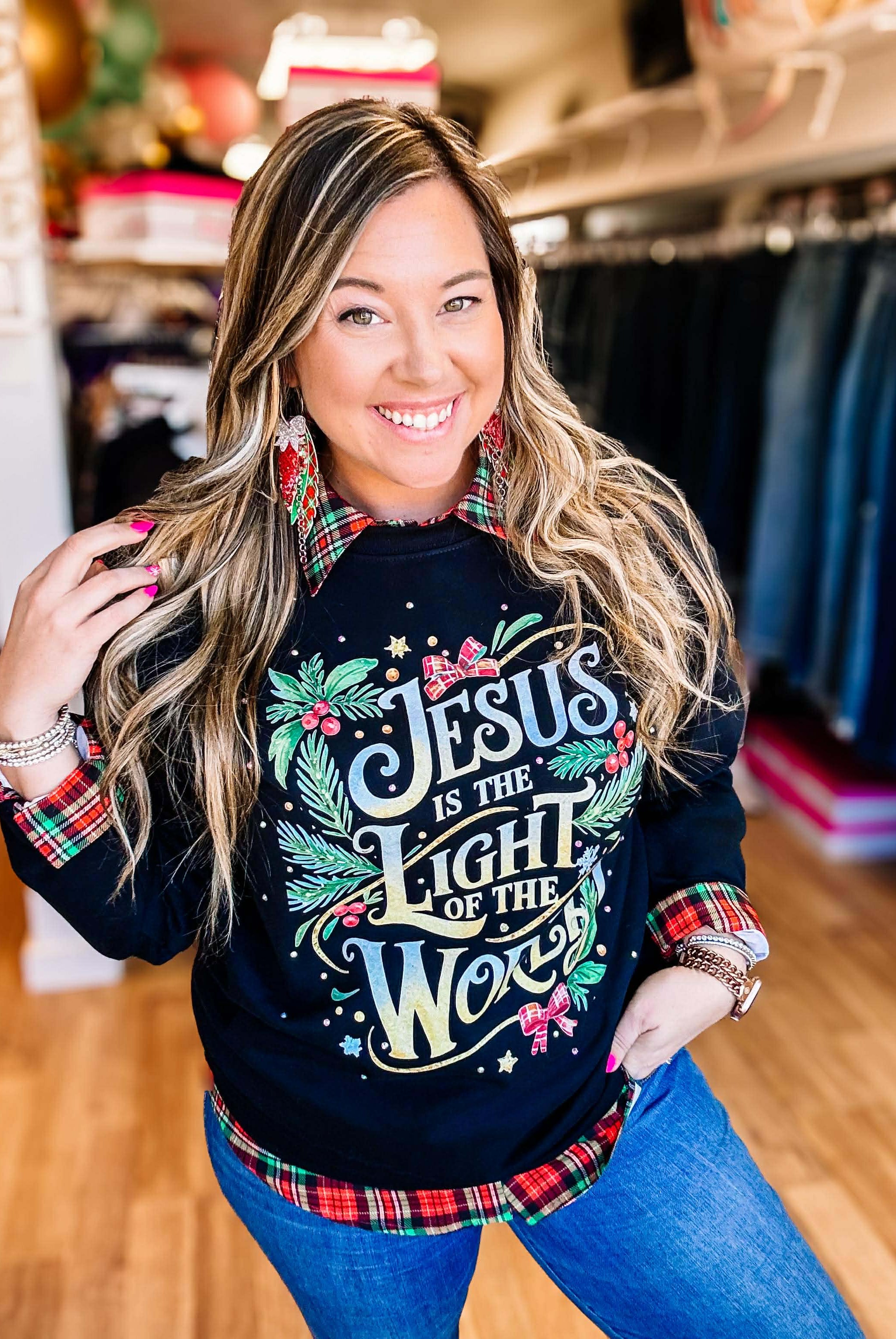 Jesus Is The Light Rhinestone Sweatshirt-Sweaters-Dear Me Southern Boutique, located in DeRidder, Louisiana