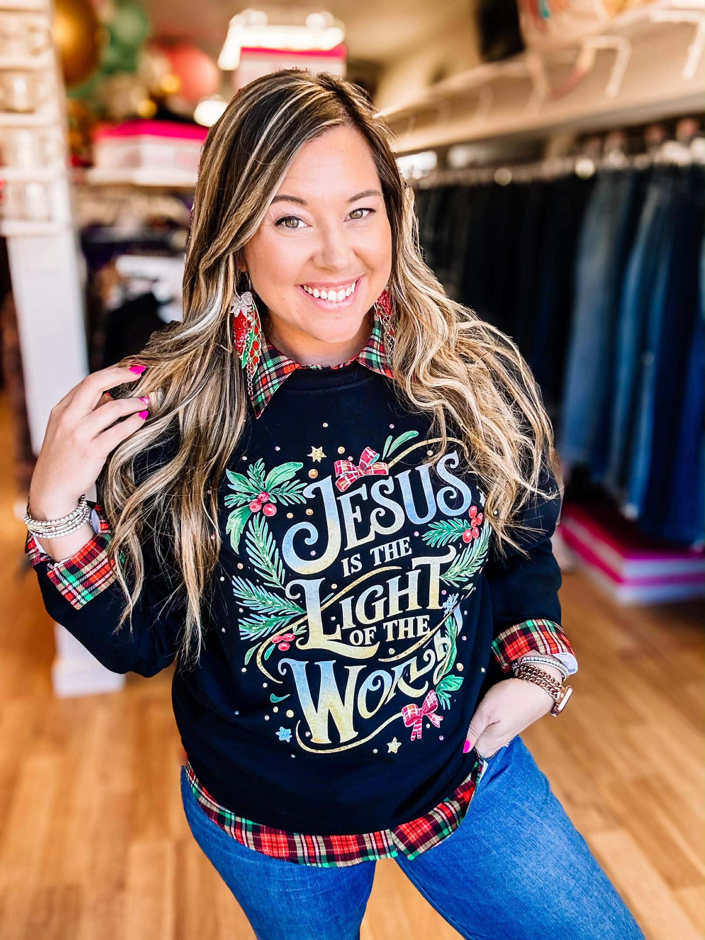 Jesus Is The Light Rhinestone Sweatshirt-Sweaters-Dear Me Southern Boutique, located in DeRidder, Louisiana