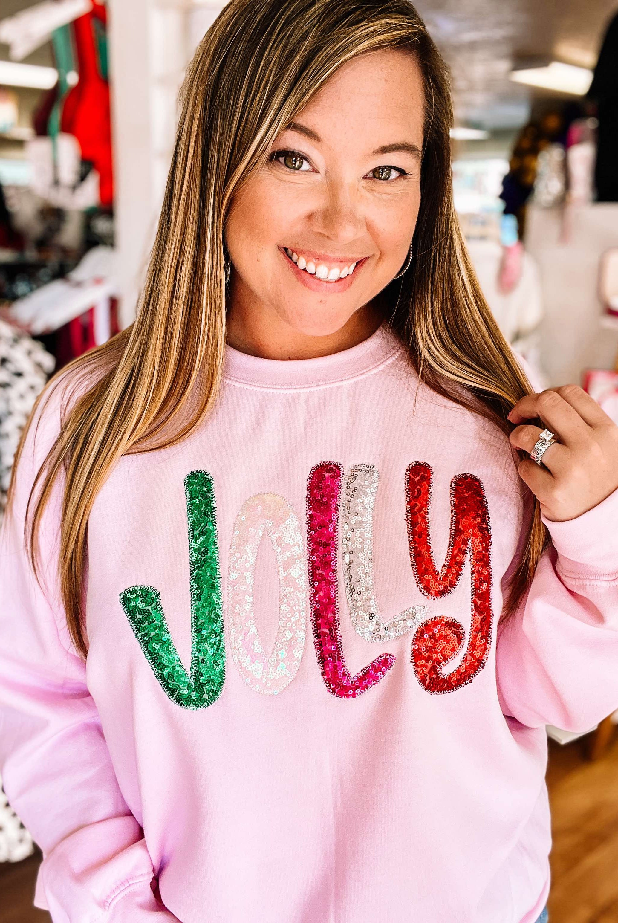 Jolly Sequin Sweatshirt-Sweaters-Dear Me Southern Boutique, located in DeRidder, Louisiana