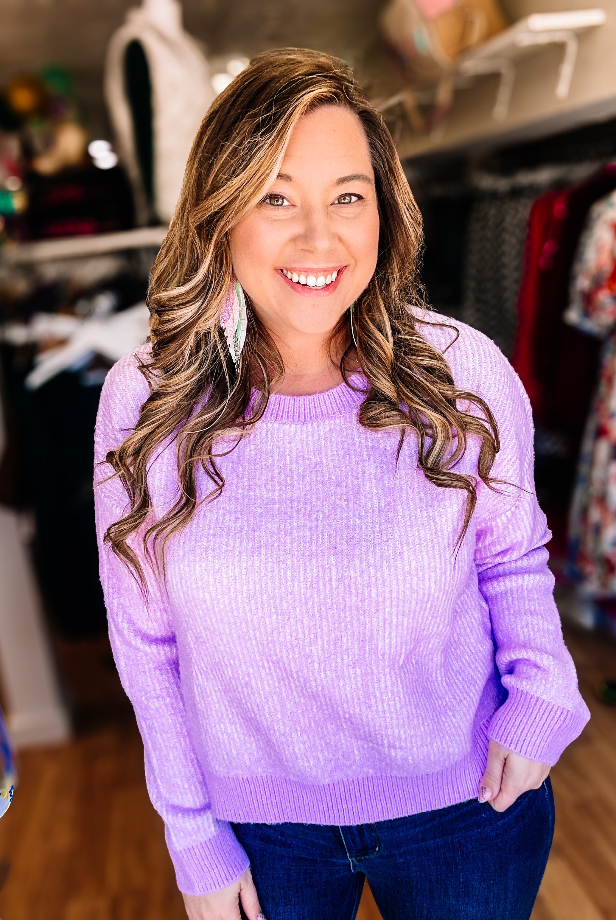 Josie Cozy Crew Sweater - Lavender-sweater-Dear Me Southern Boutique, located in DeRidder, Louisiana