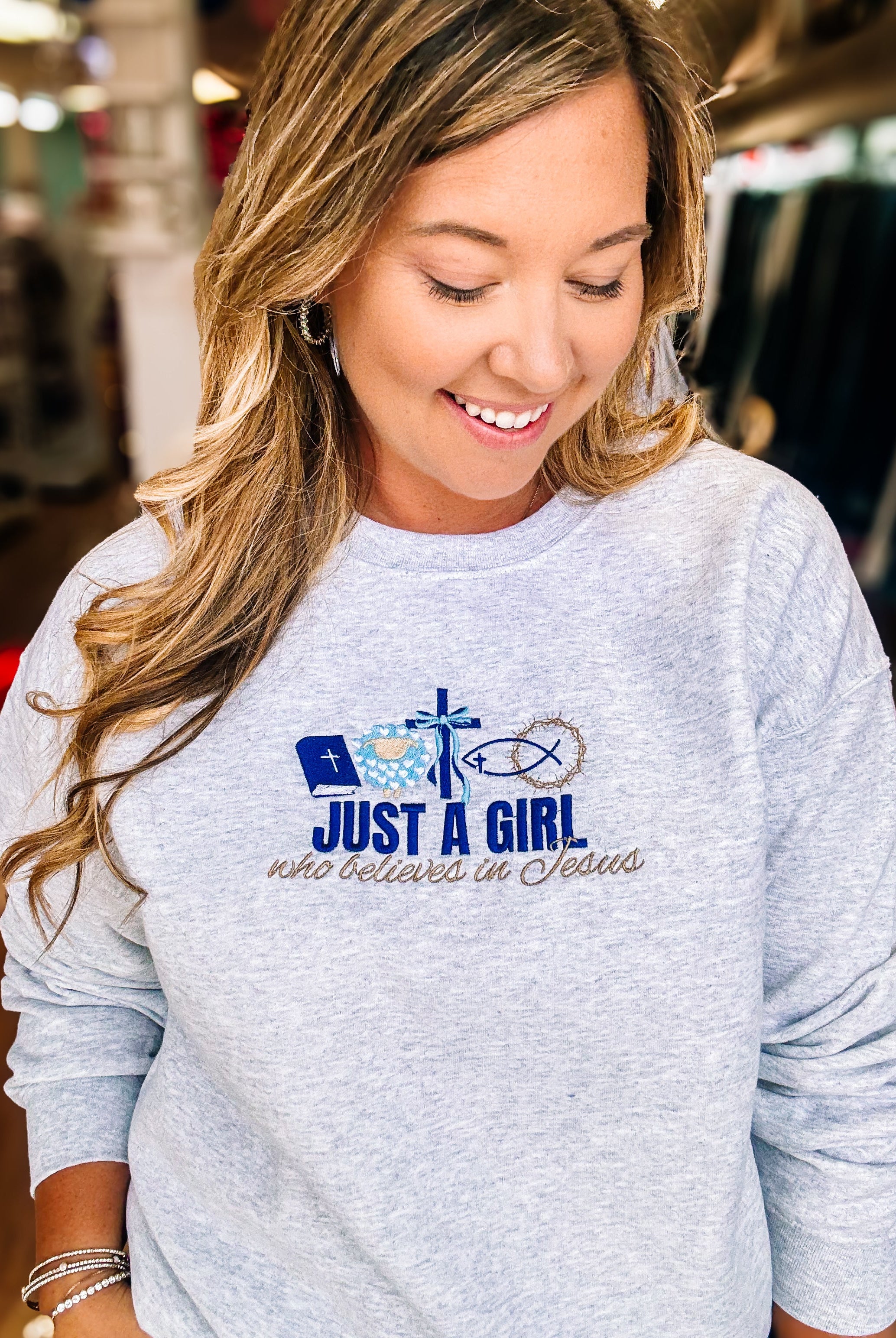 Just A Girl Who Believes In Jesus Pullover-Pullover-Dear Me Southern Boutique, located in DeRidder, Louisiana